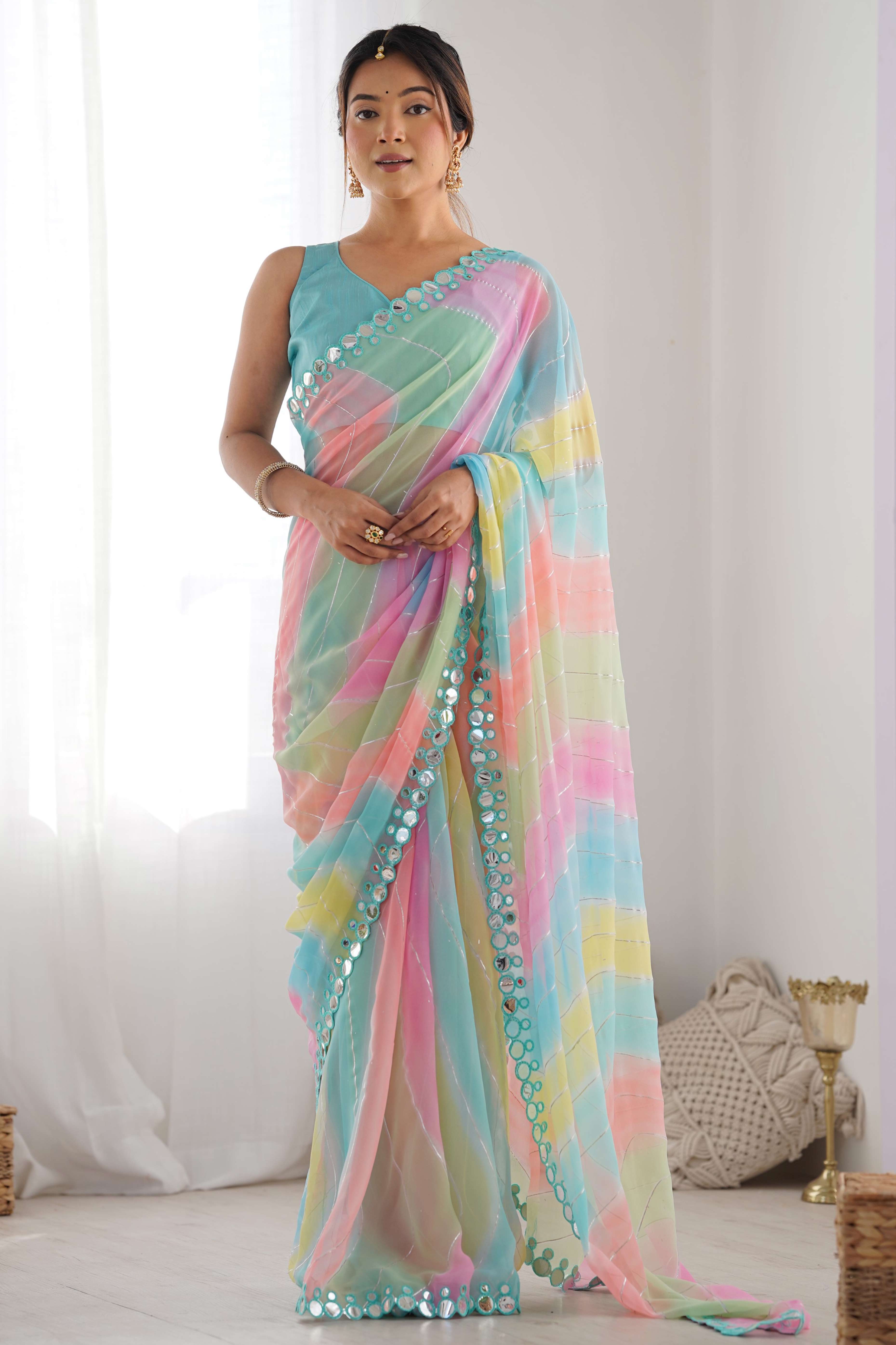 Multicolor Mirror Work Embroidered Georgette Saree
