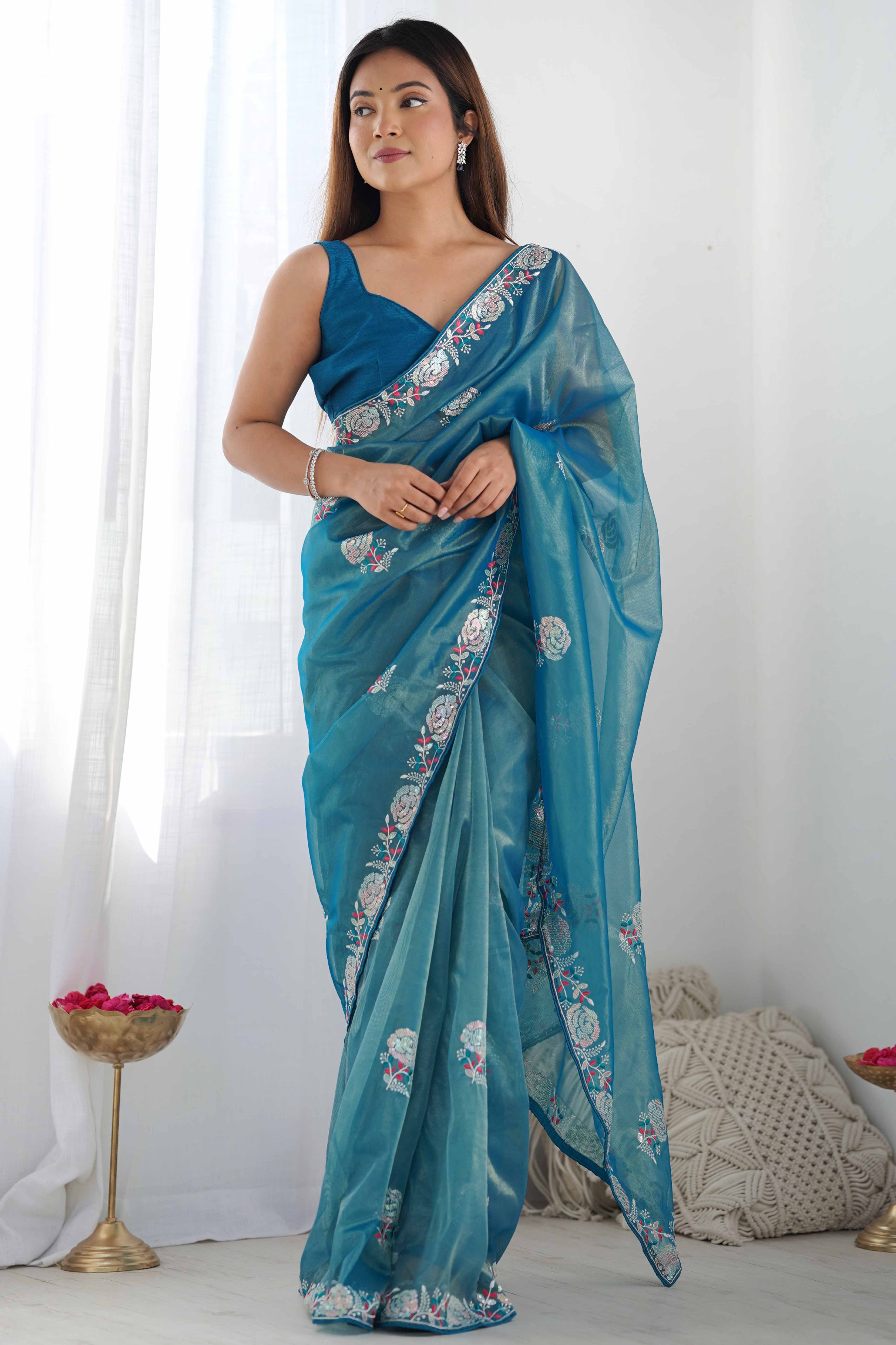 Dusty Teal Floral Embroidered Net Saree