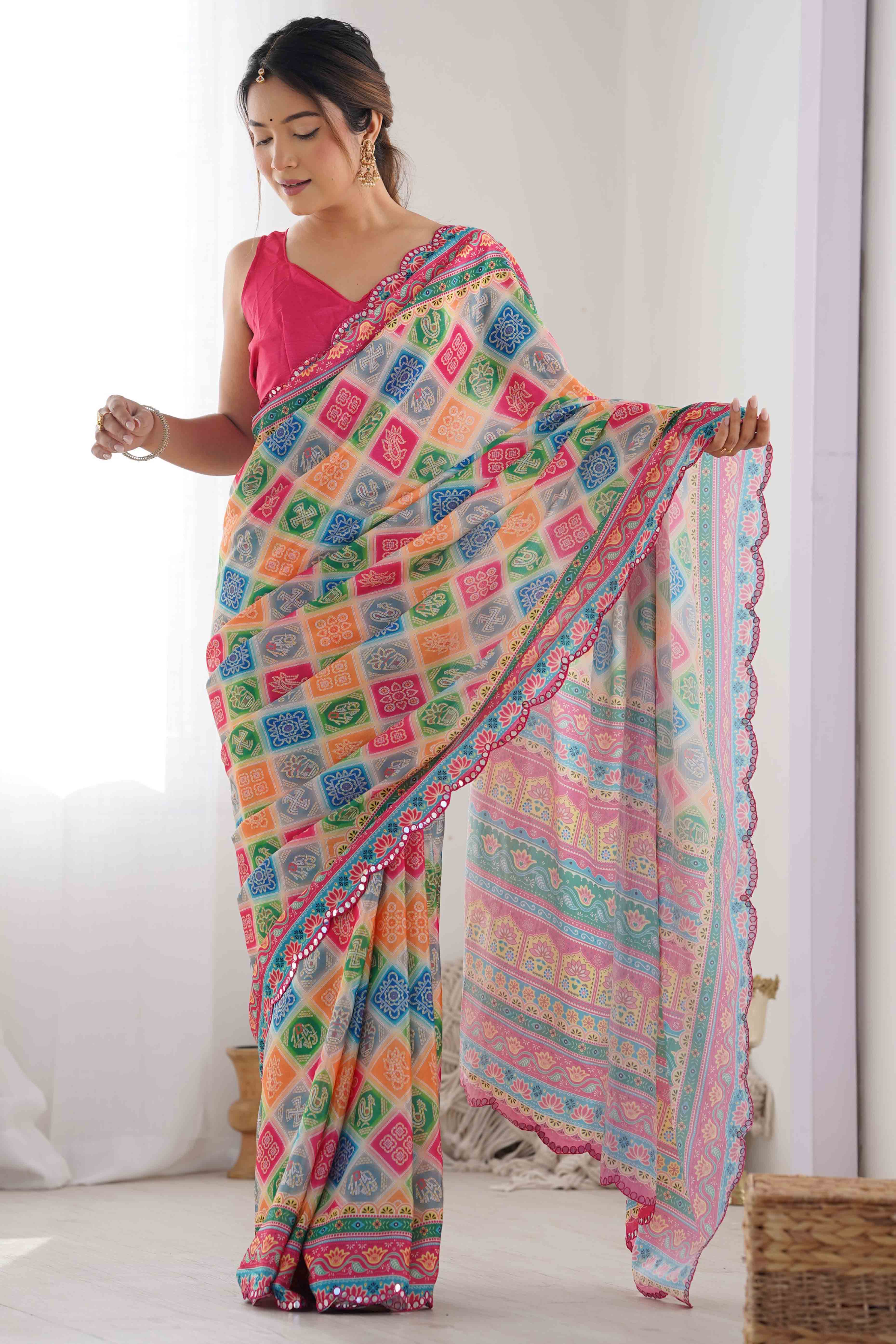 Multicolor Bandhani Printed Chinon Saree
