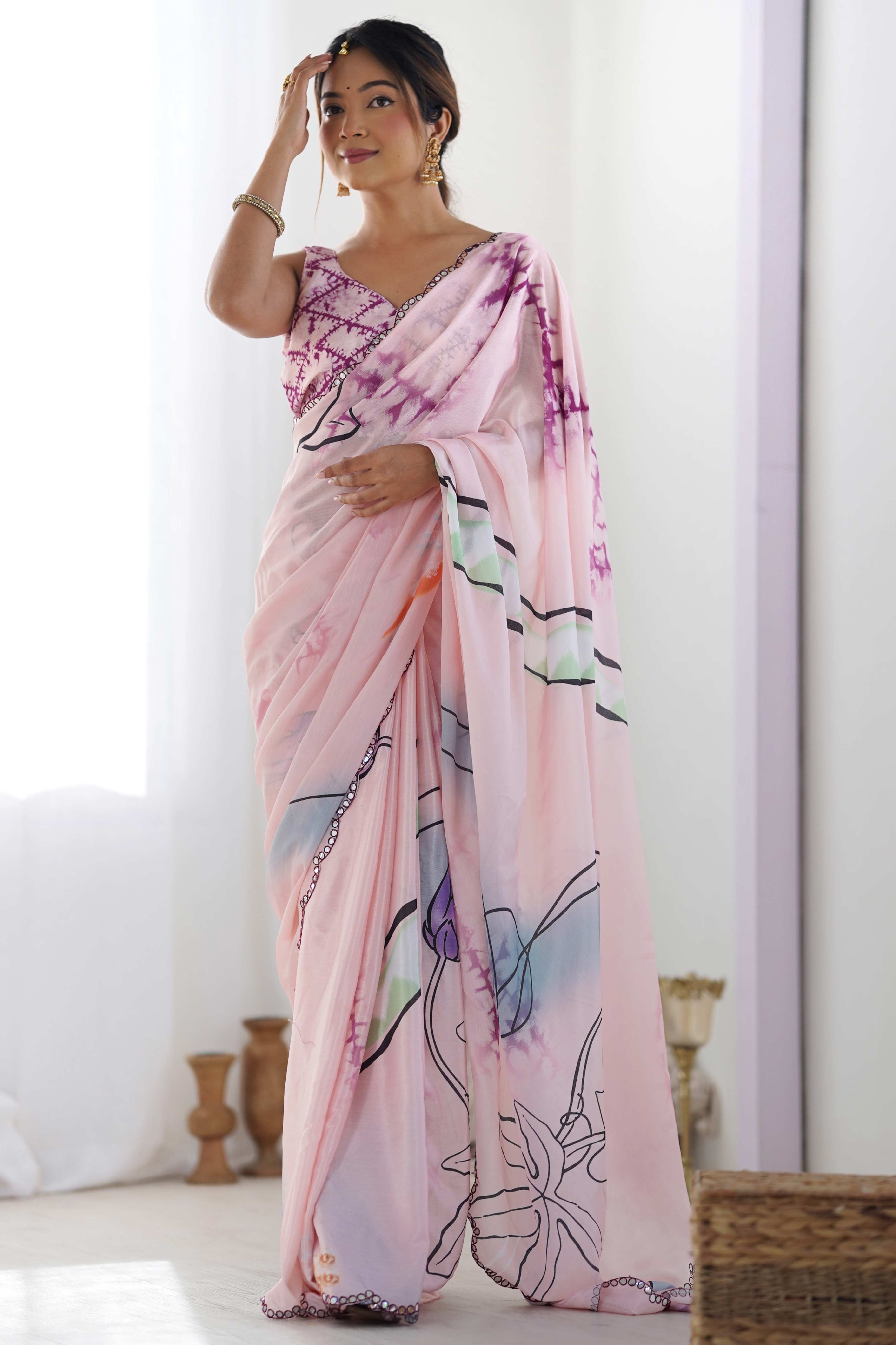 Light Pink Abstract Printed Chinon Saree