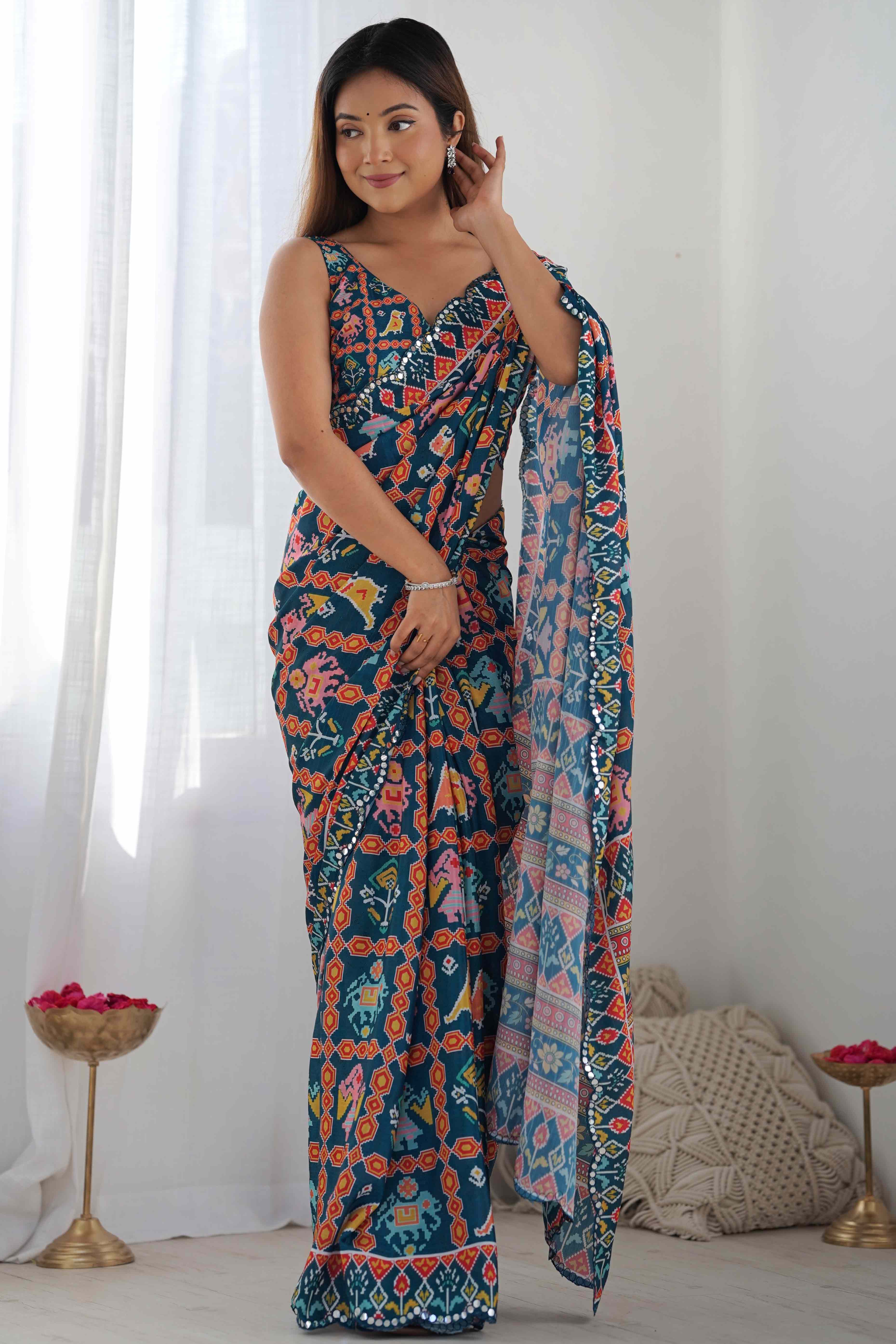 Teal Patola Printed Chinon Saree