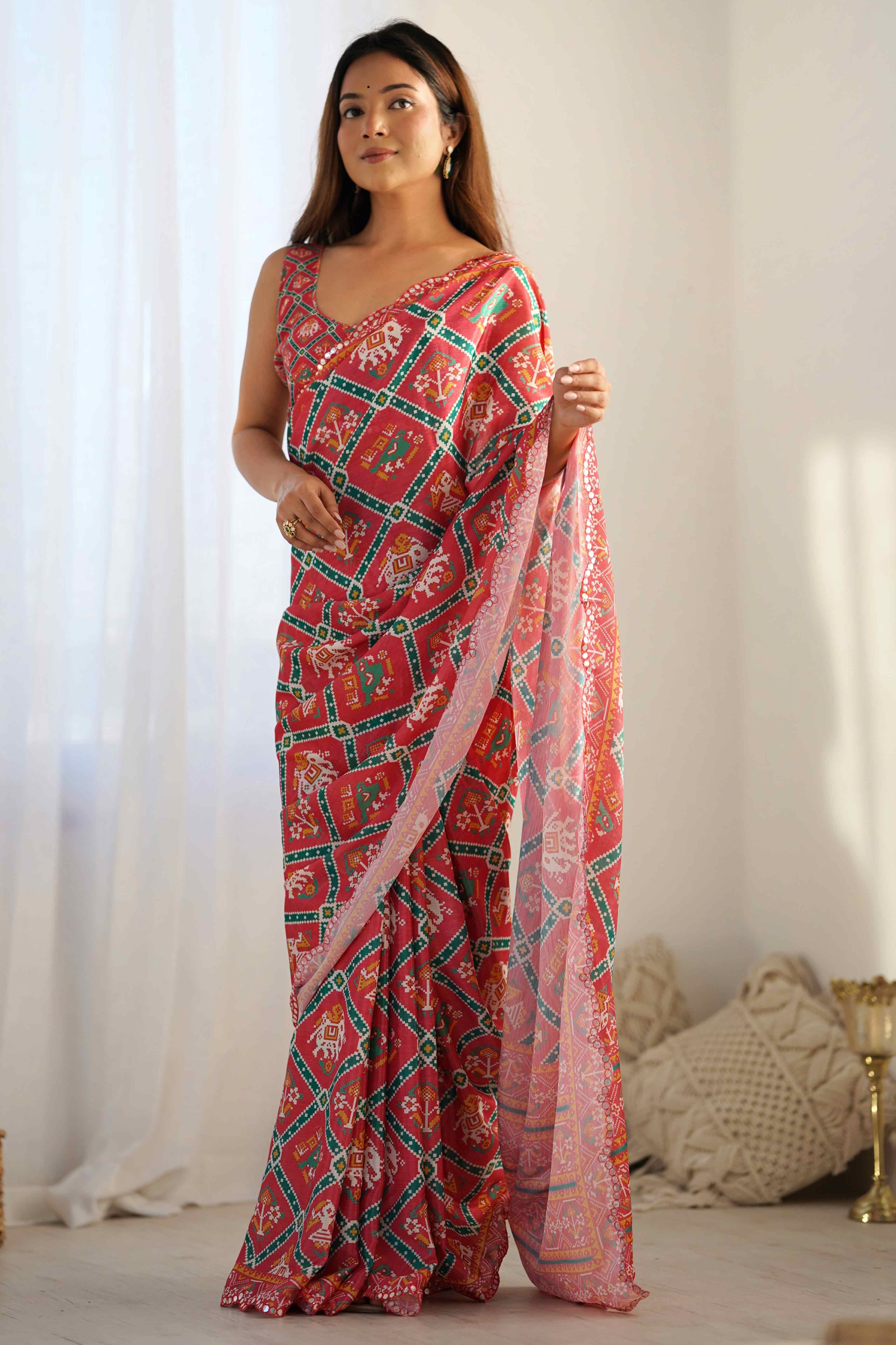 Gajri Pink Patola Printed Chinon Saree