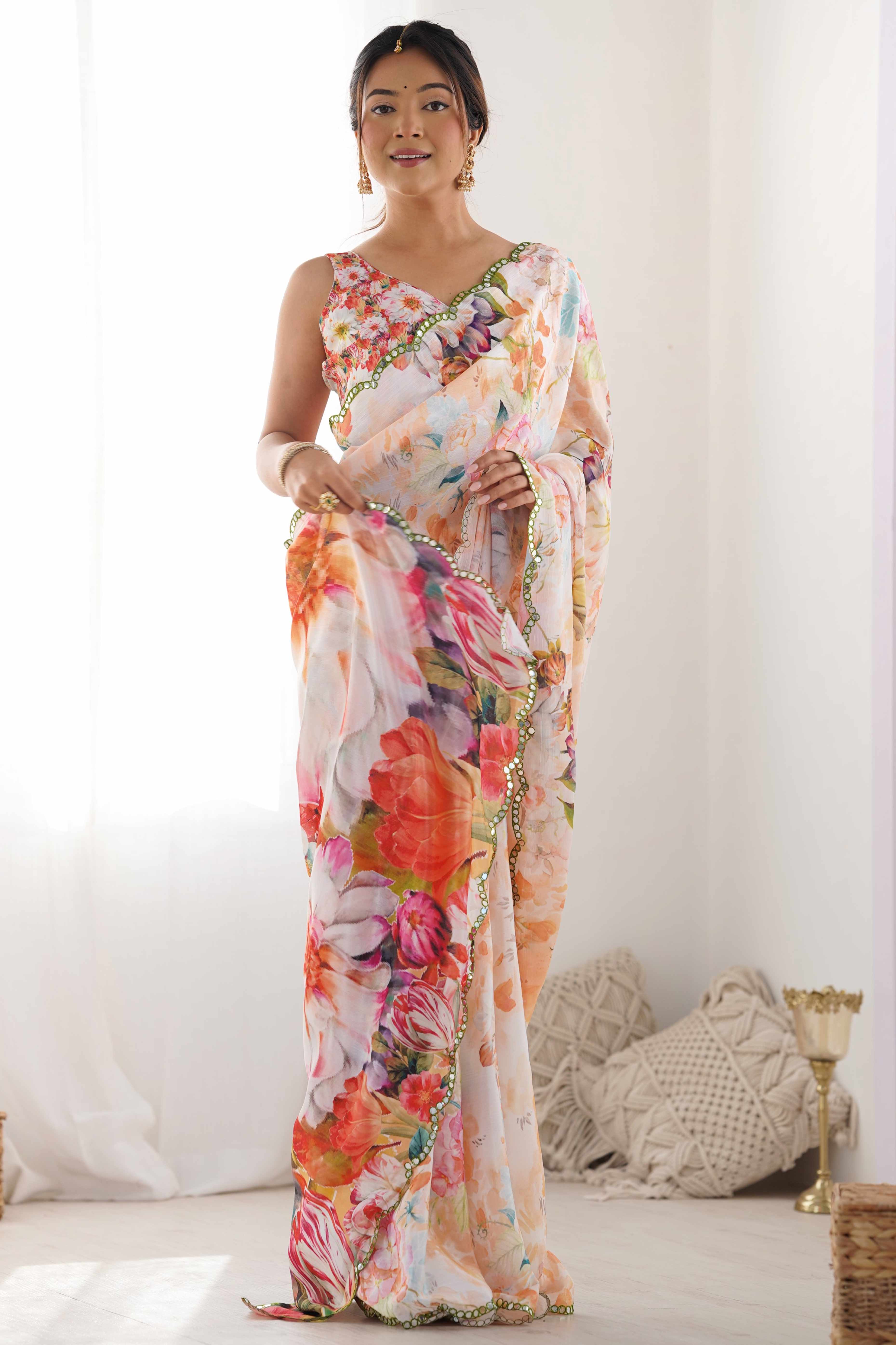 Off White Floral Printed Chinon Saree