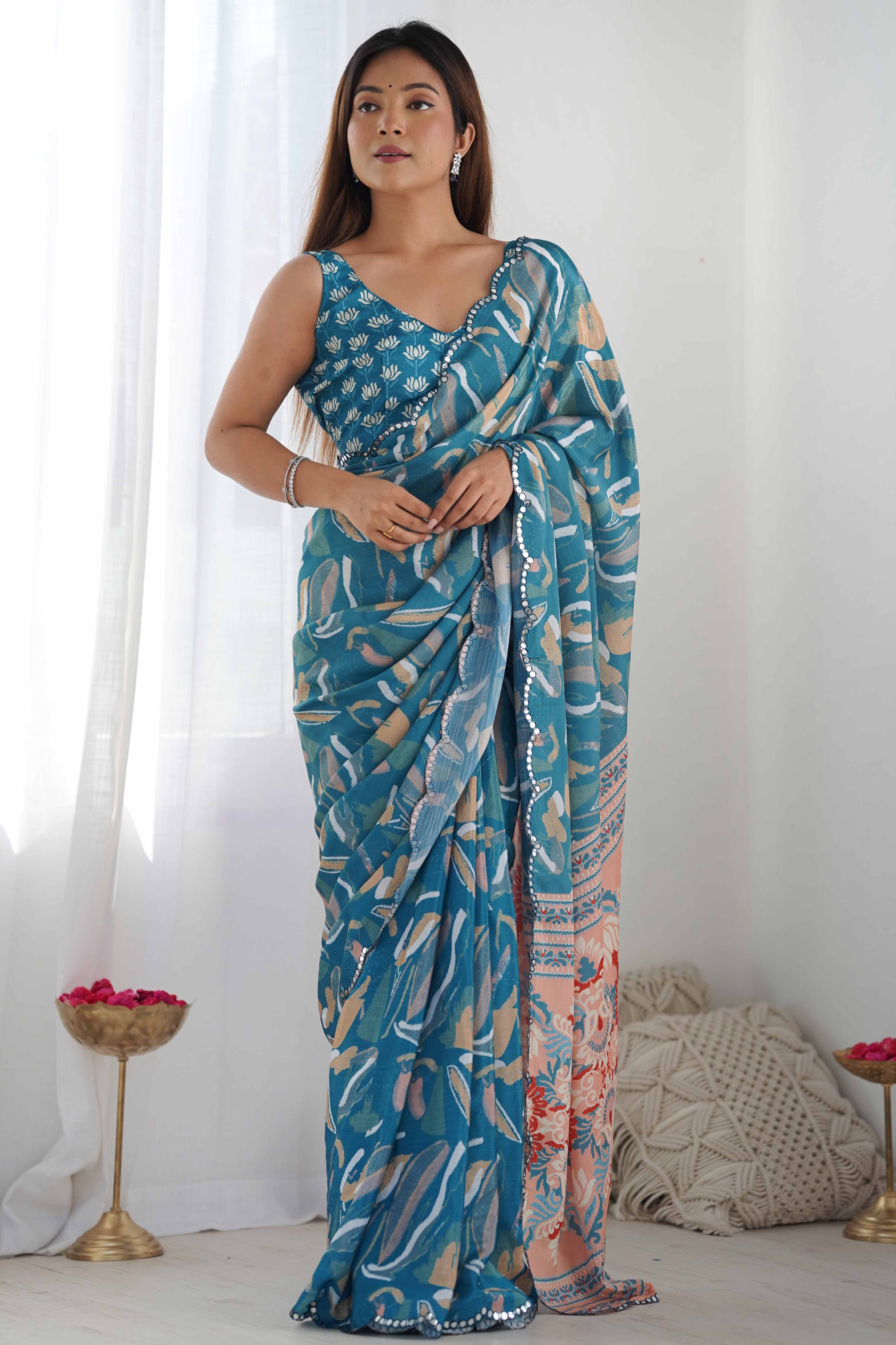 Light Teal Floral Printed Chinon Saree