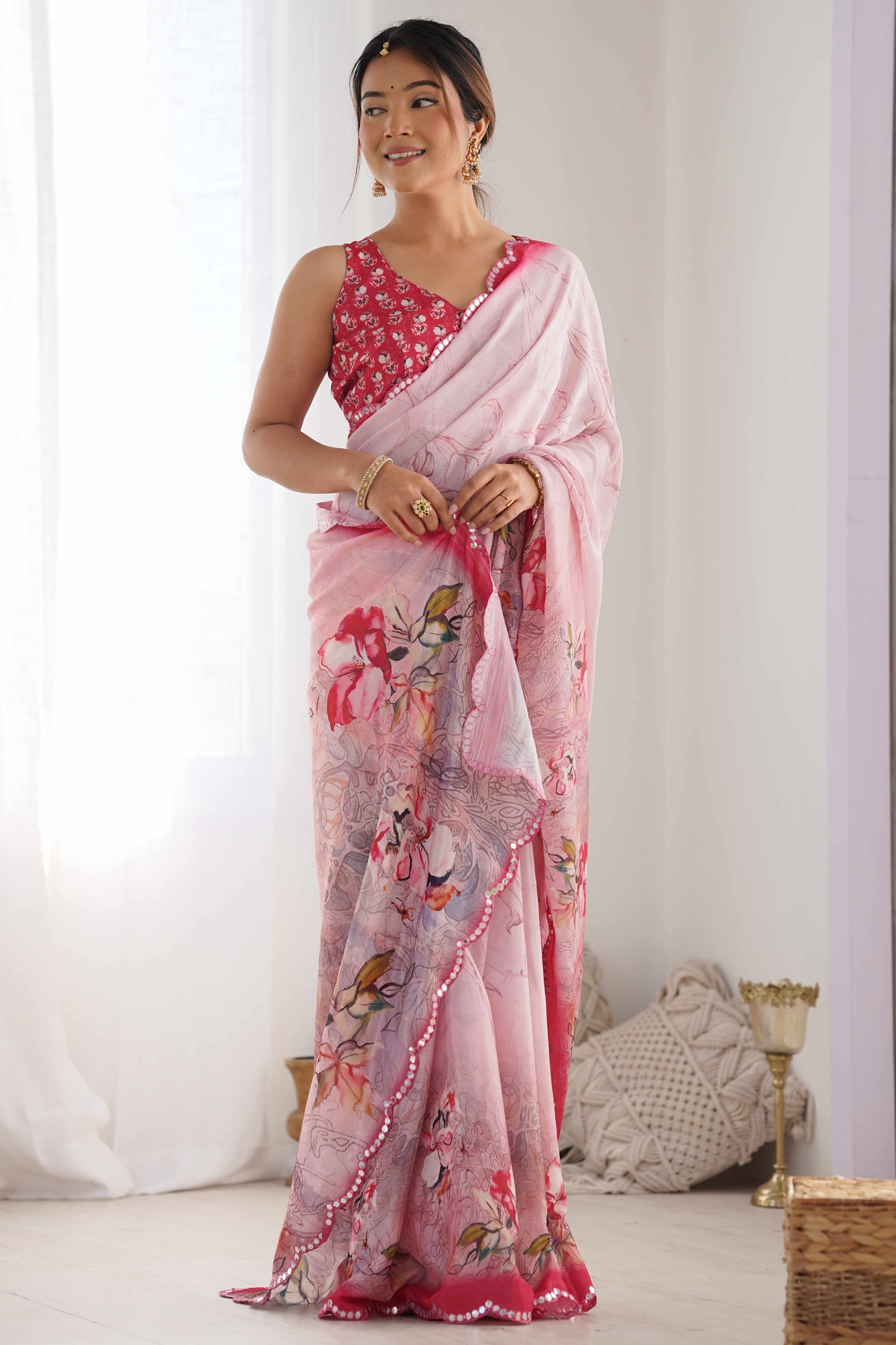 Baby Pink Floral Printed Chinon Saree