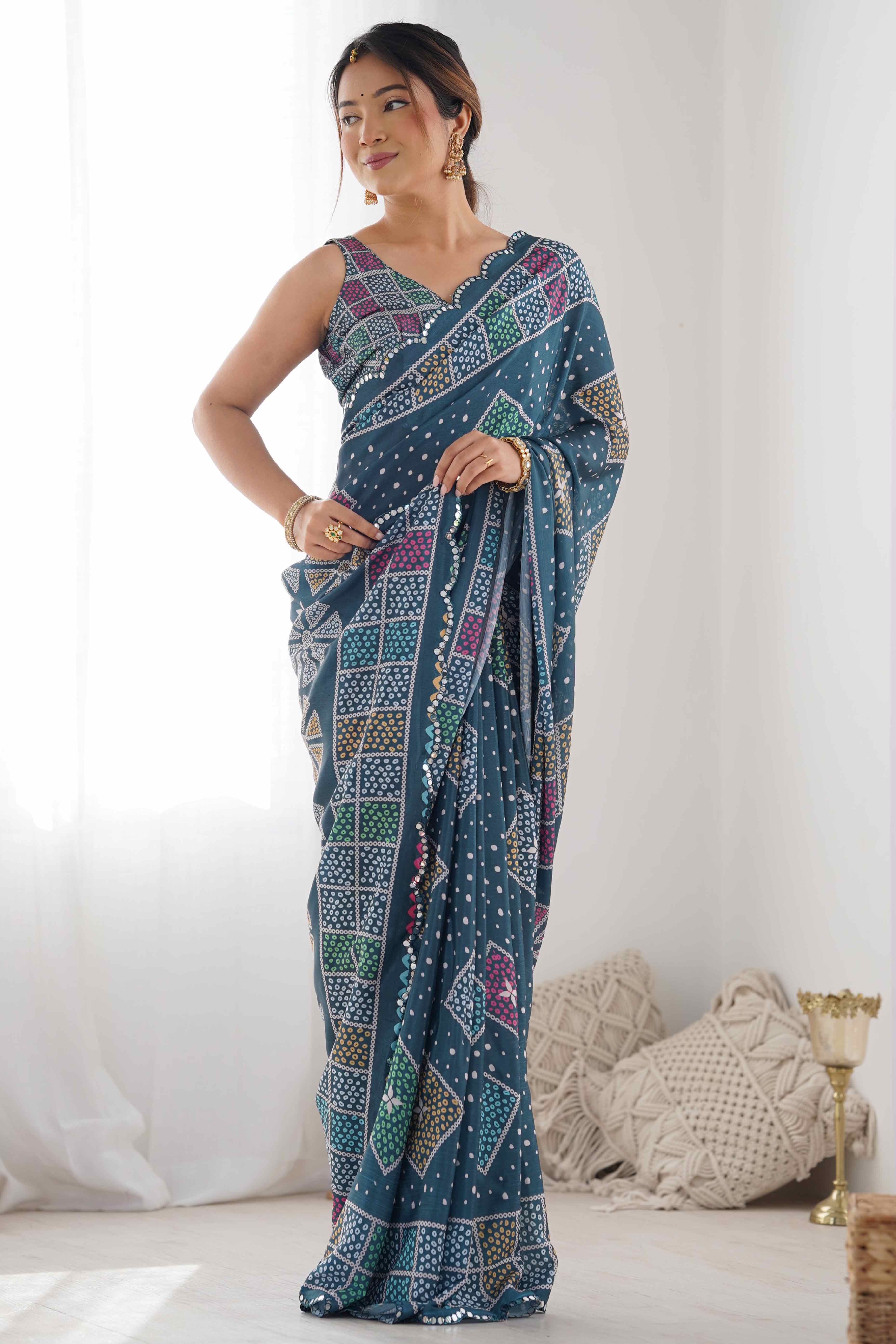 Teal Geometric Printed Chinon Saree