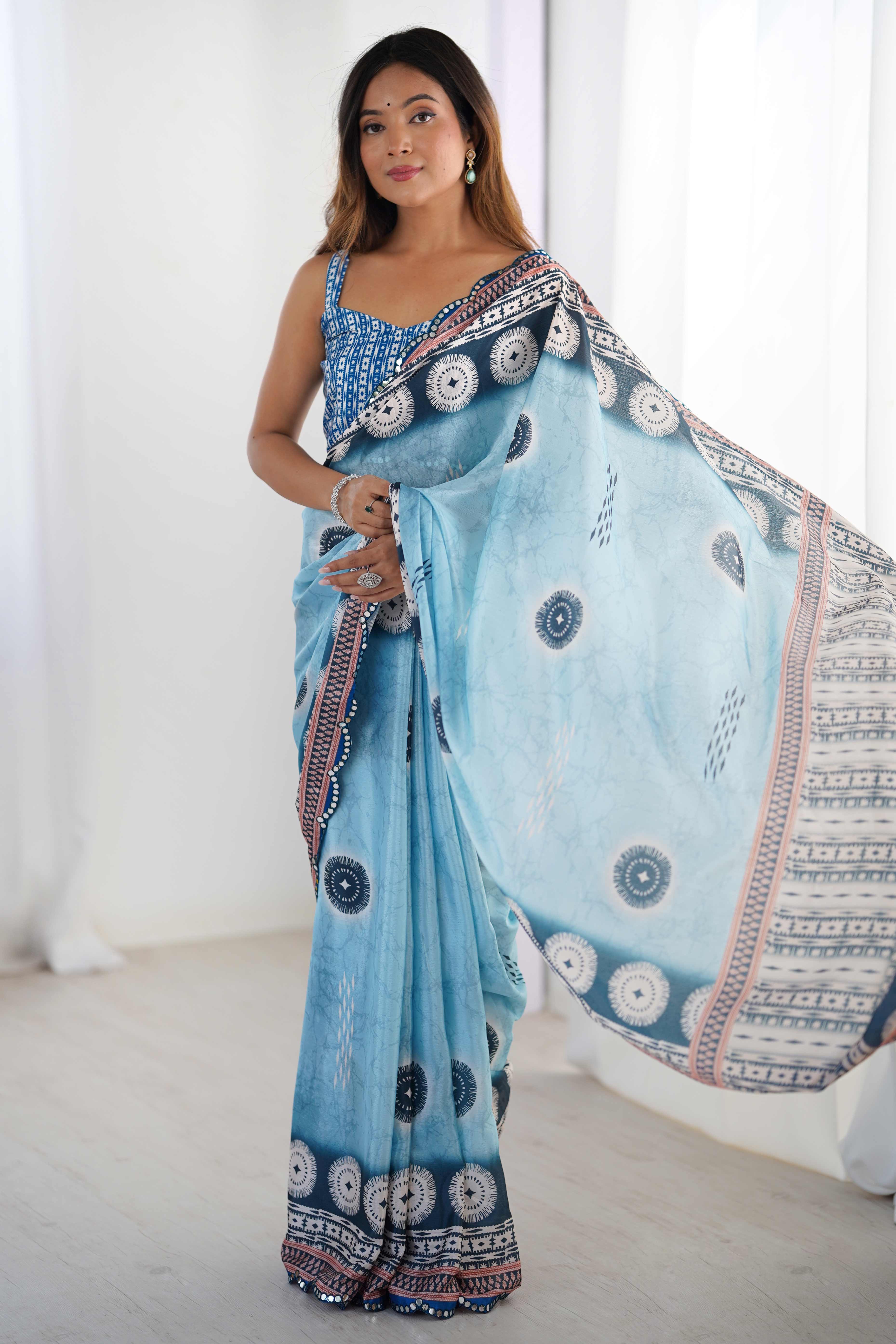 Sky Blue Floral Printed Chinon Saree with Shimmering Mirror Detailing
