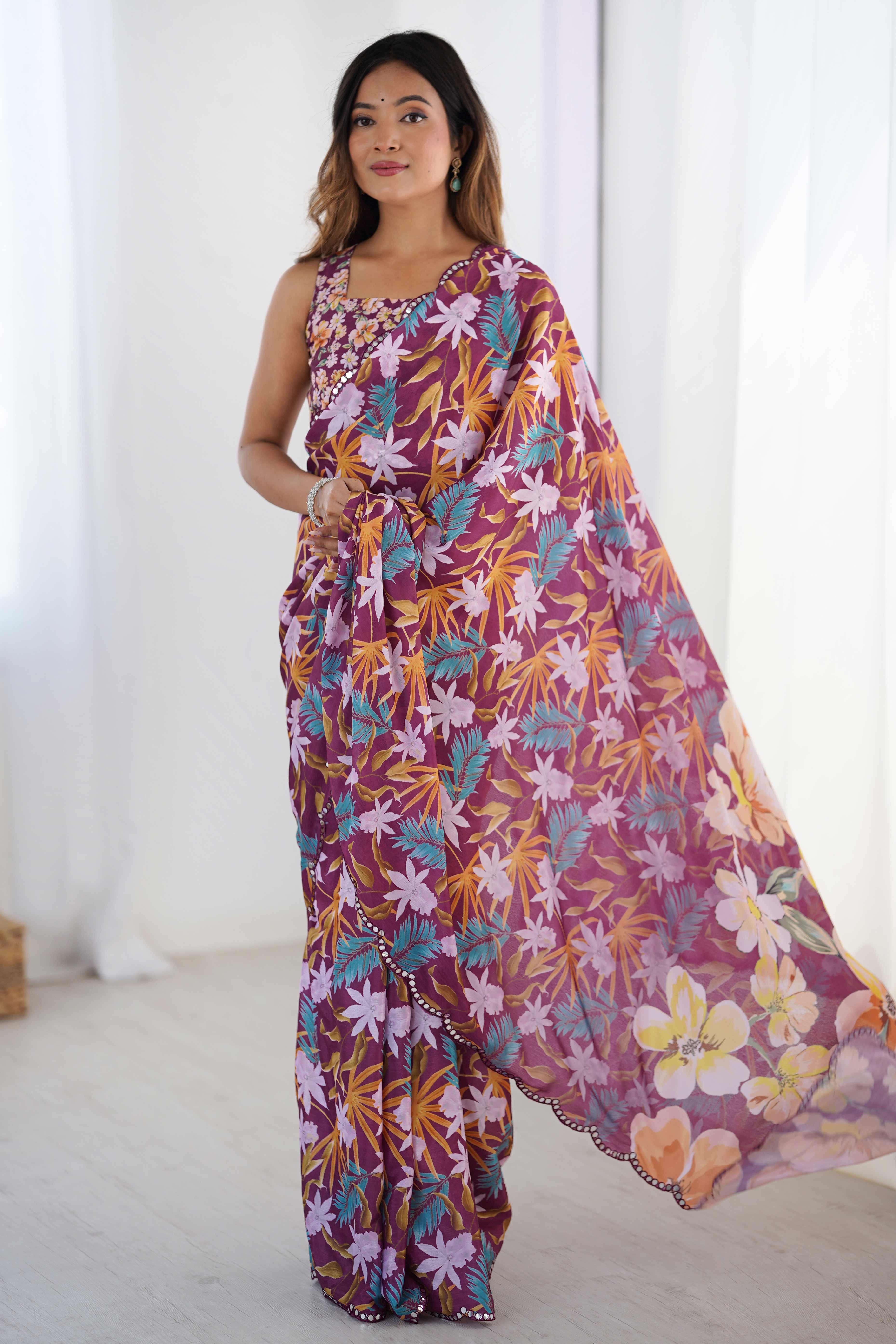 Purple Floral Printed Chinon Saree with Shimmering Mirror Detailing