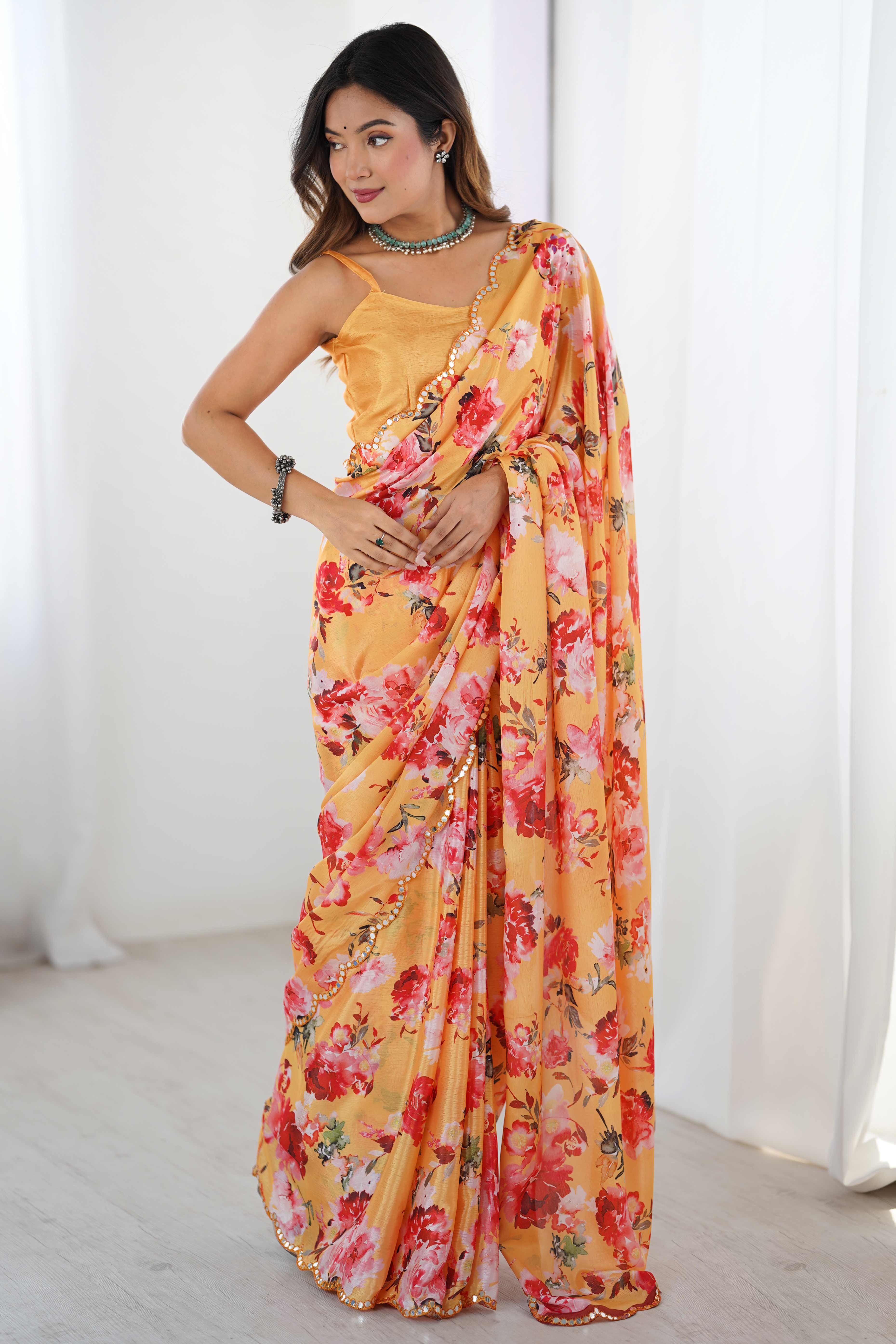 Orange Floral Printed Chinon Saree with Shimmering Mirror Detailing