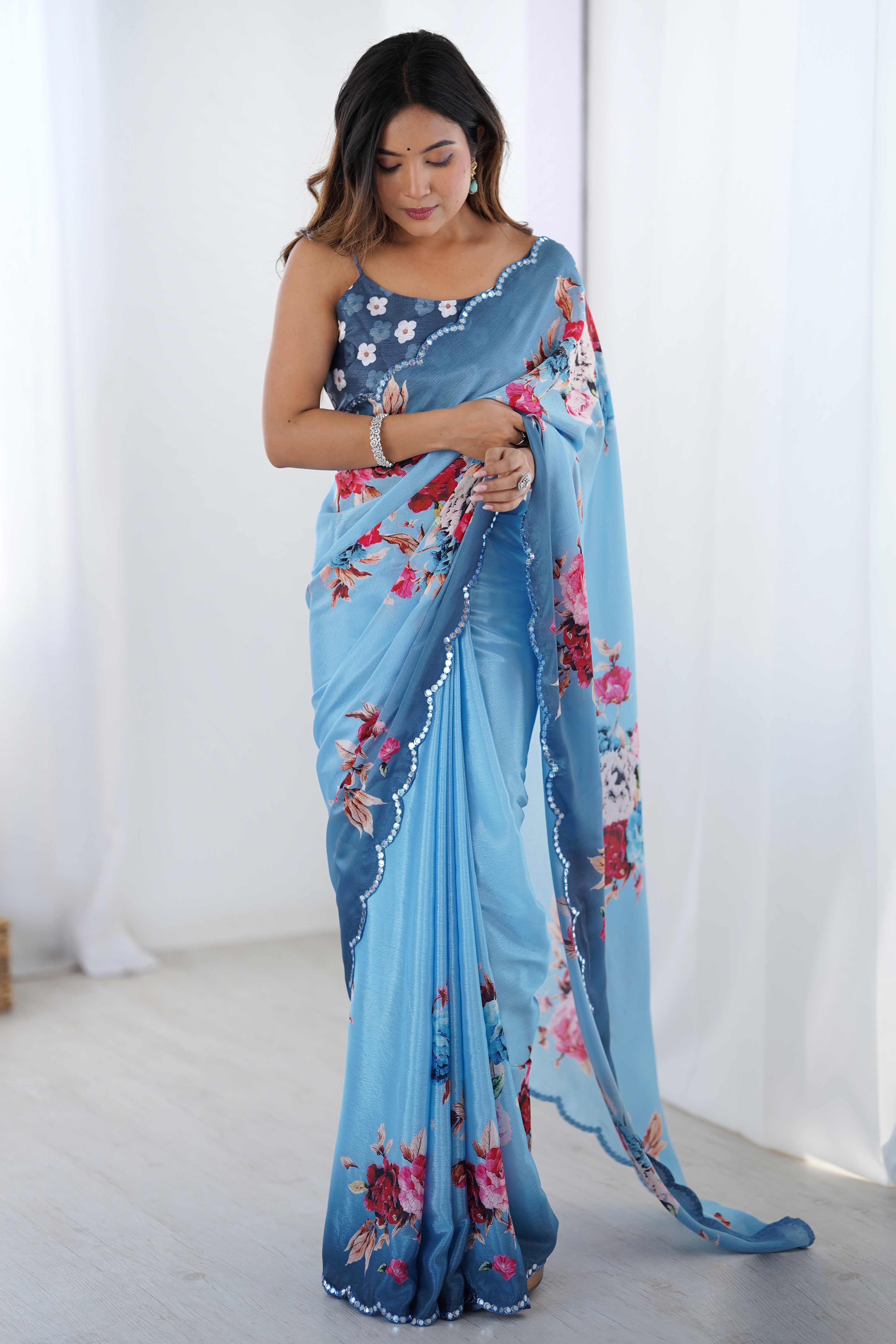 Sky Blue Floral Printed Chinon Saree with Shimmering Mirror Detailing