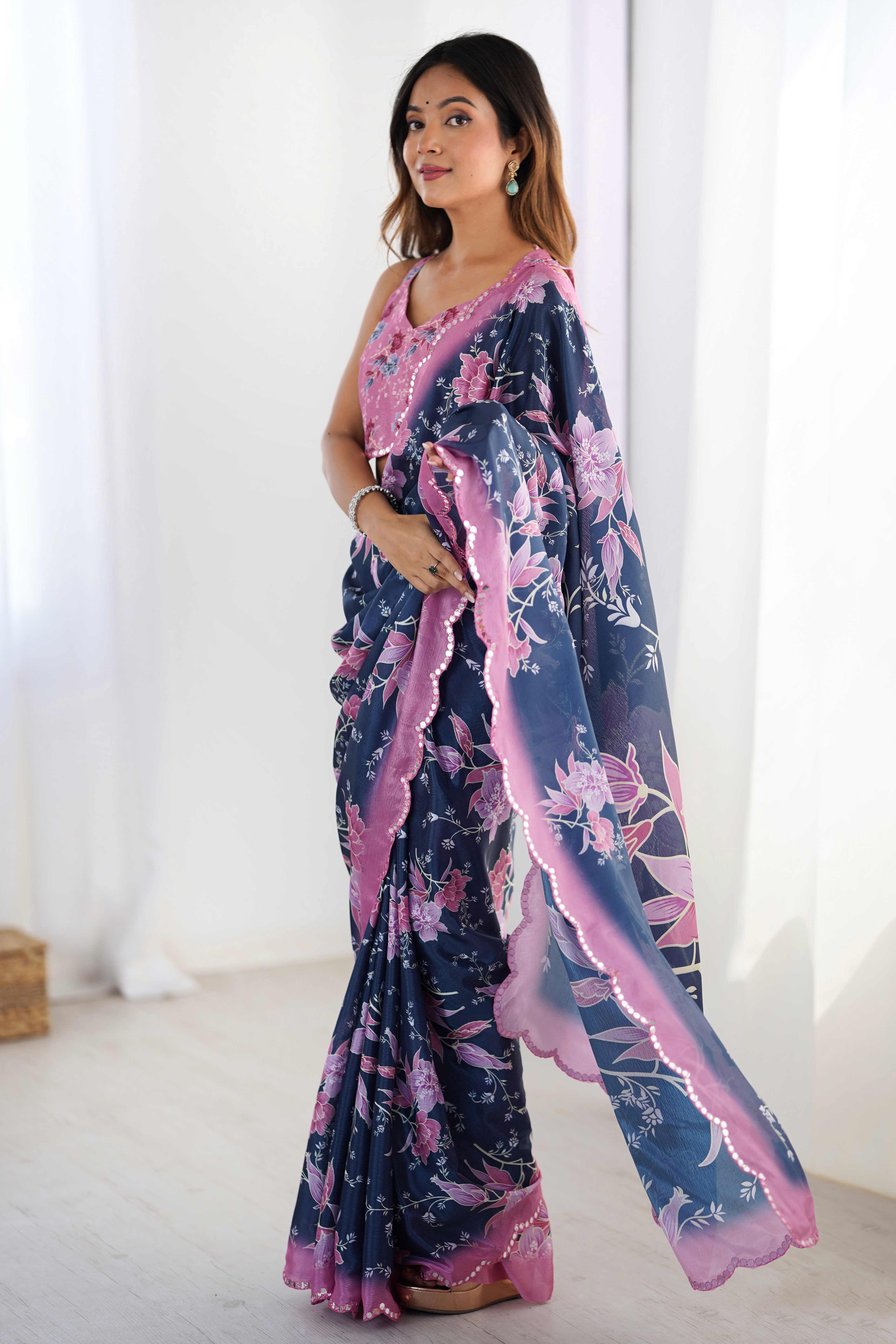 Blue Floral Printed Chinon Saree With Shimmering Mirror Detailing