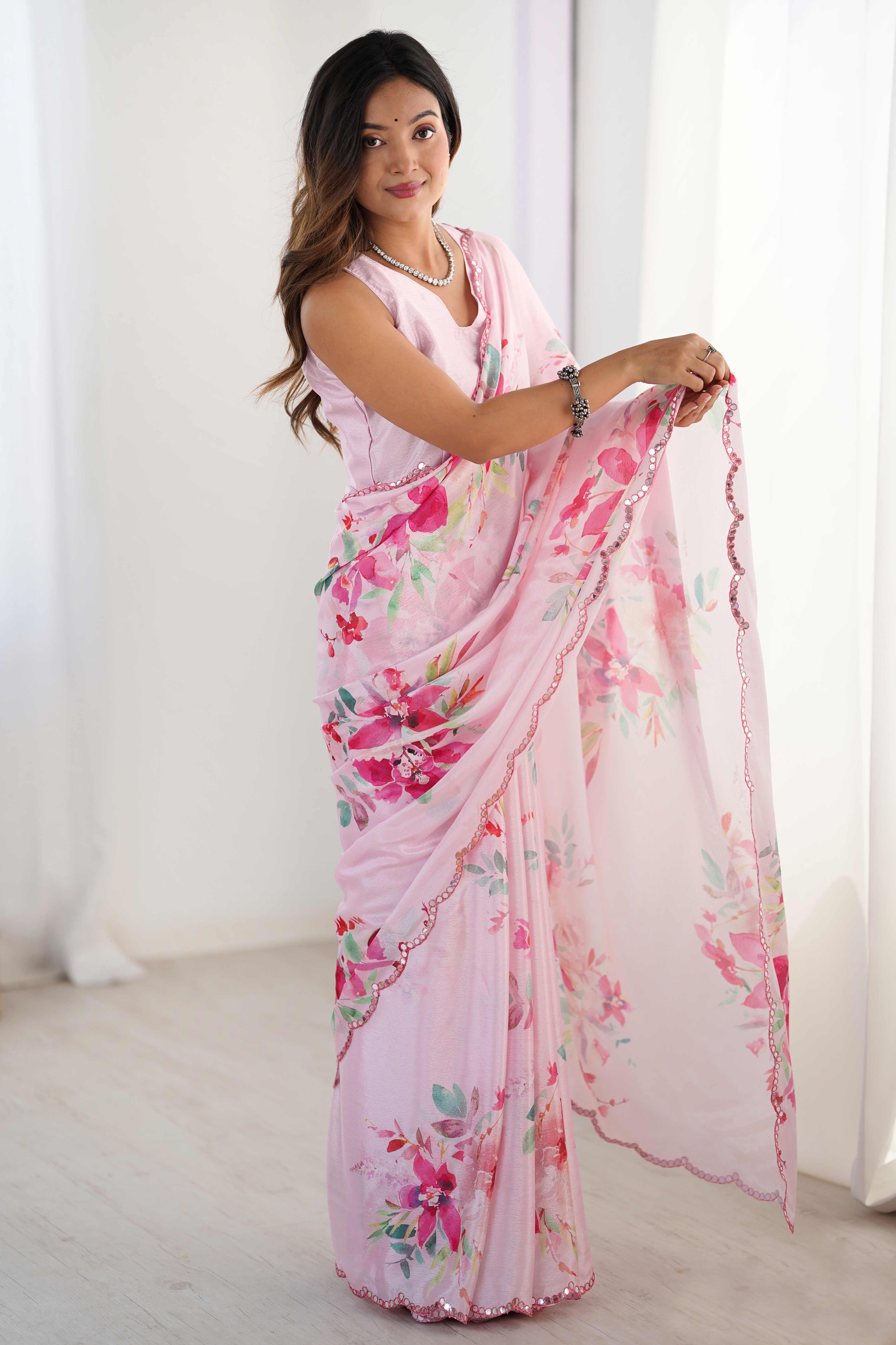 Pink Floral Printed Chinon Saree With Shimmering Mirror Detailing