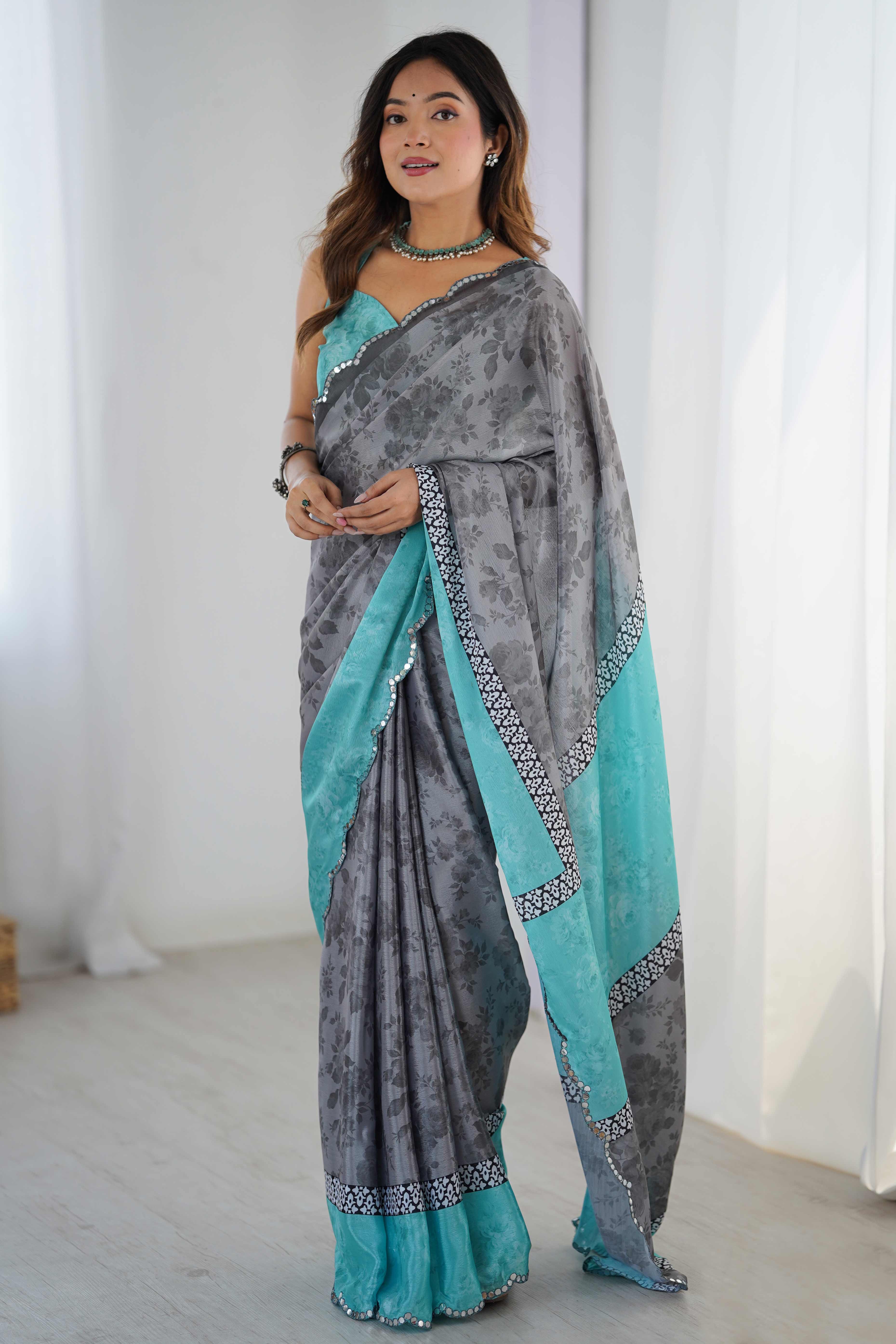Grey Floral Printed Chinon Saree With Shimmering Mirror Detailing