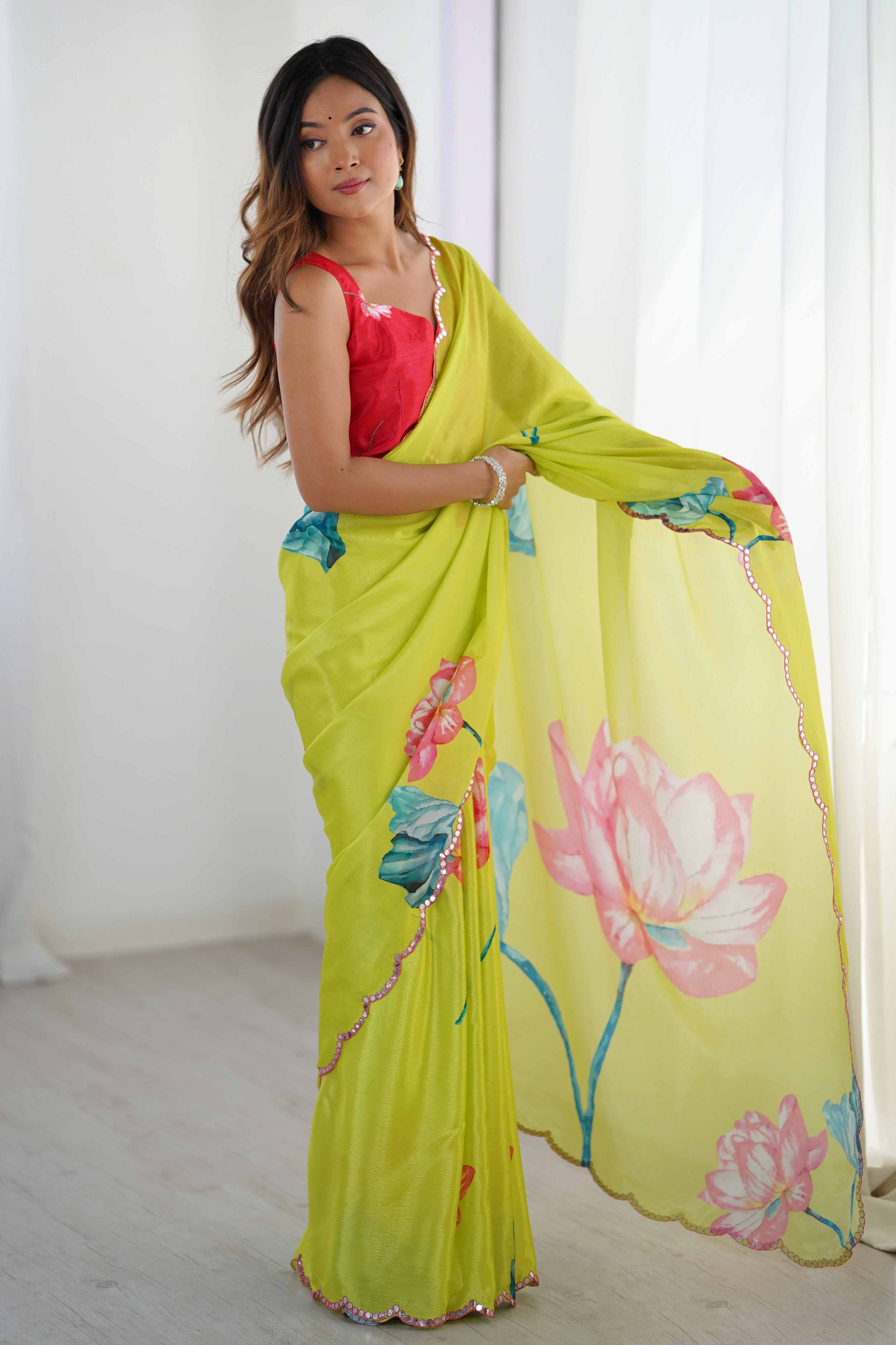 Green Floral Printed Chinon Saree With Shimmering Mirror Detailing
