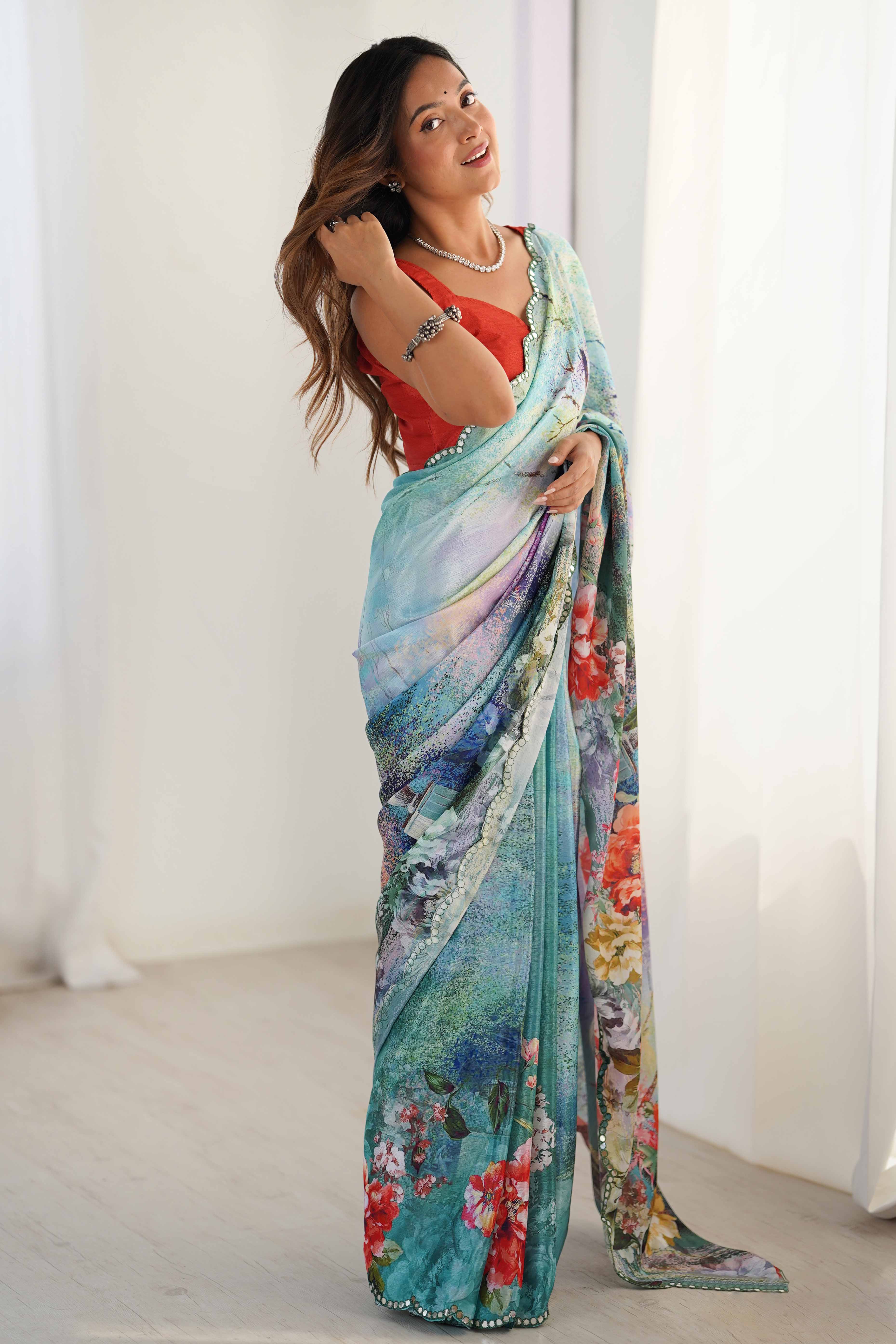 Aqua Teal Floral Printed Chinon Saree With Shimmering Mirror Detailing