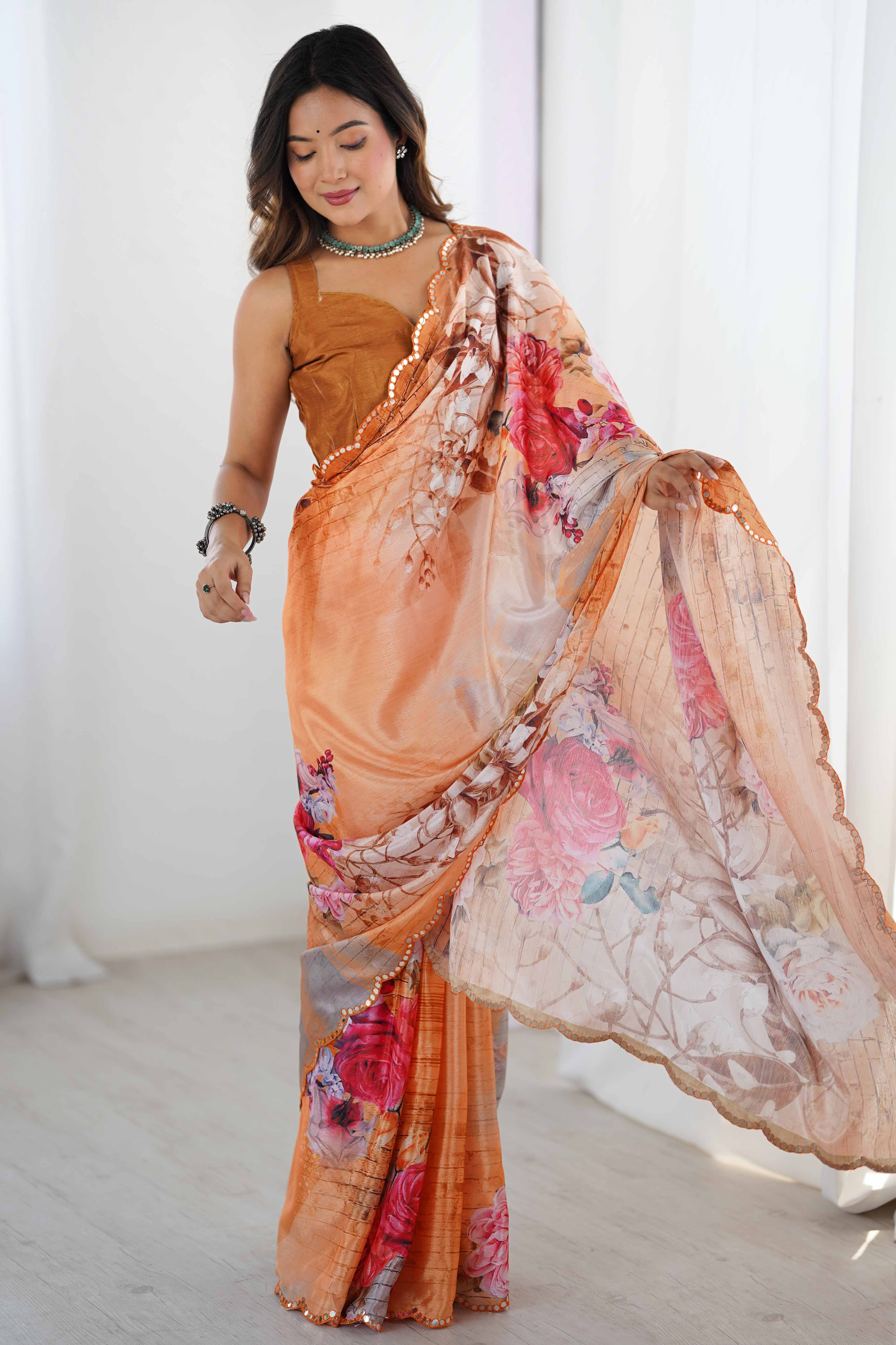 Orange Chinon Saree with Glimmering Mirror Work and Floral Prints