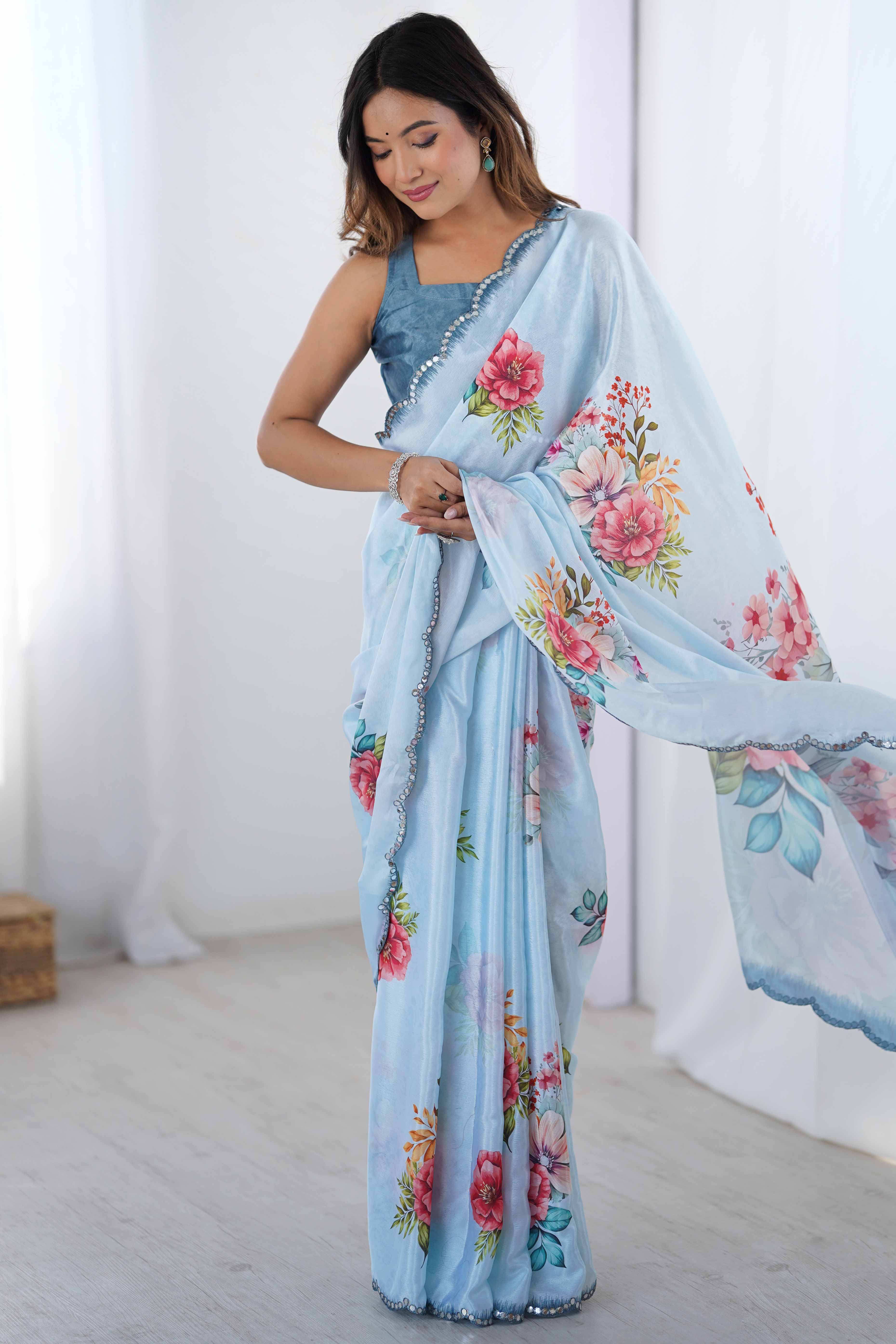 Sky Blue Chinon Saree with Glimmering Mirror Work and Floral Prints