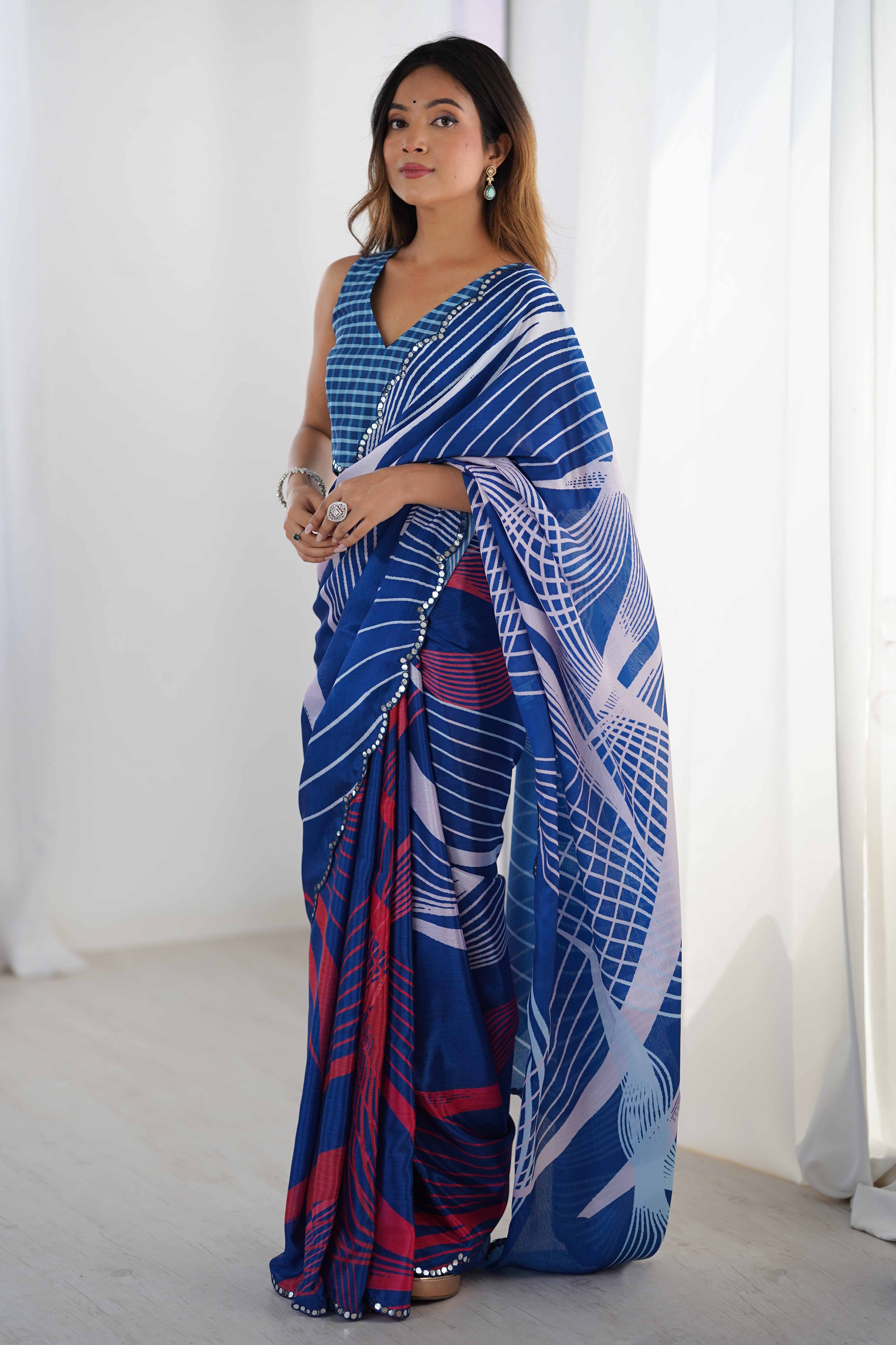Blue Chinon Saree with Glimmering Mirror Work and Floral Prints