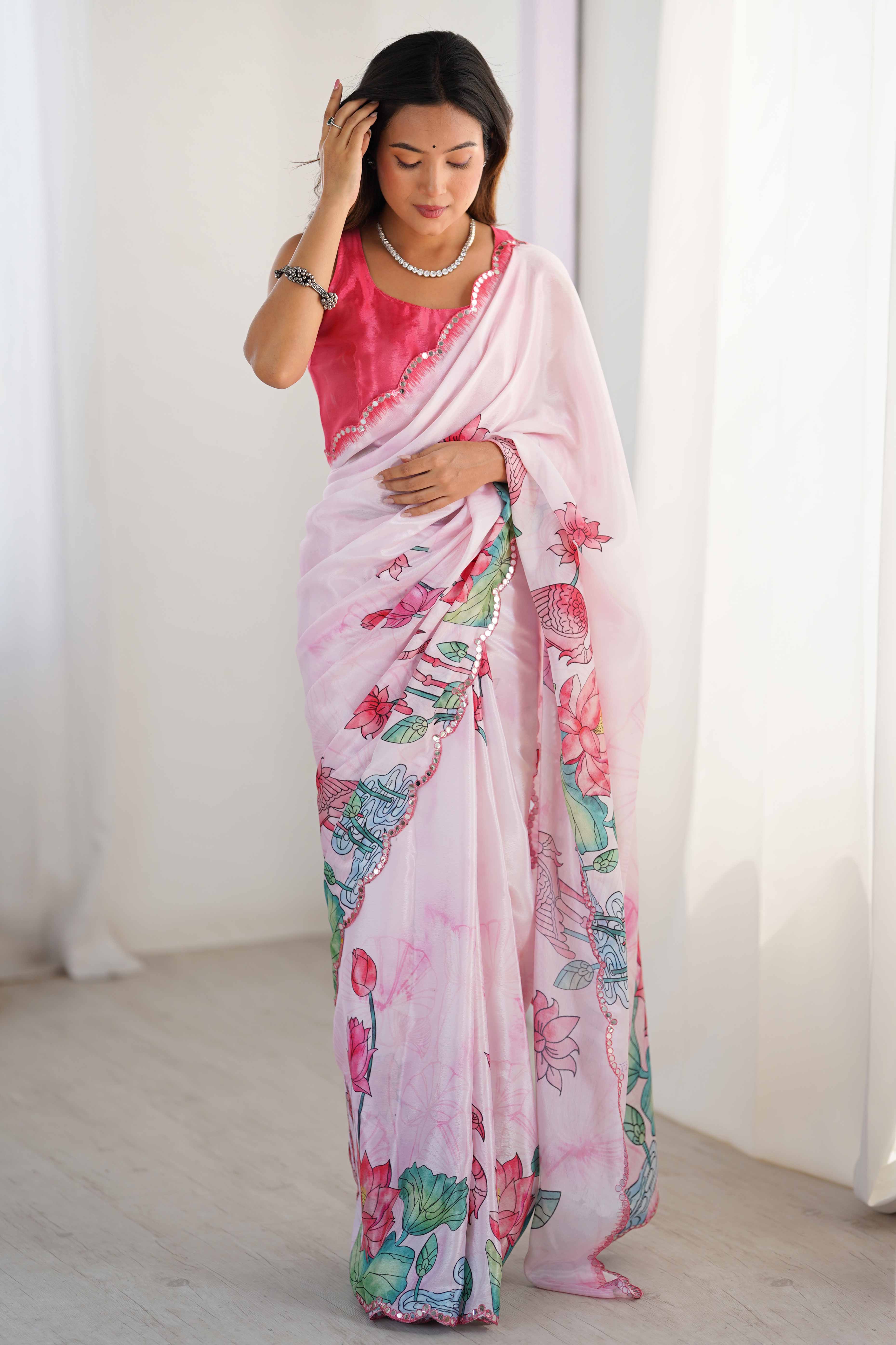 Light Pink Chinon Saree with Glimmering Mirror Work and Floral Prints
