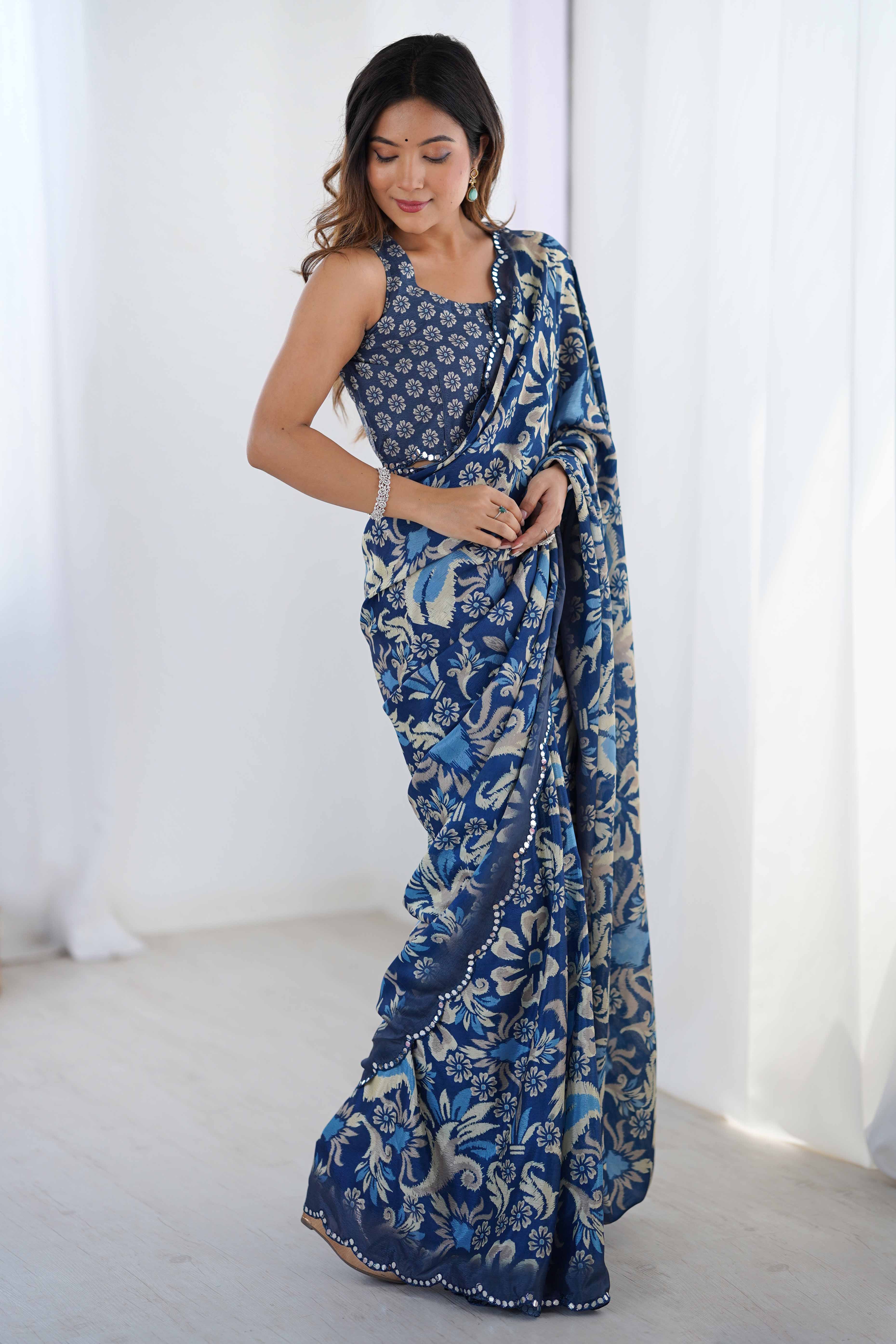 Blue Chinon Saree with Glimmering Mirror Work and Floral Prints