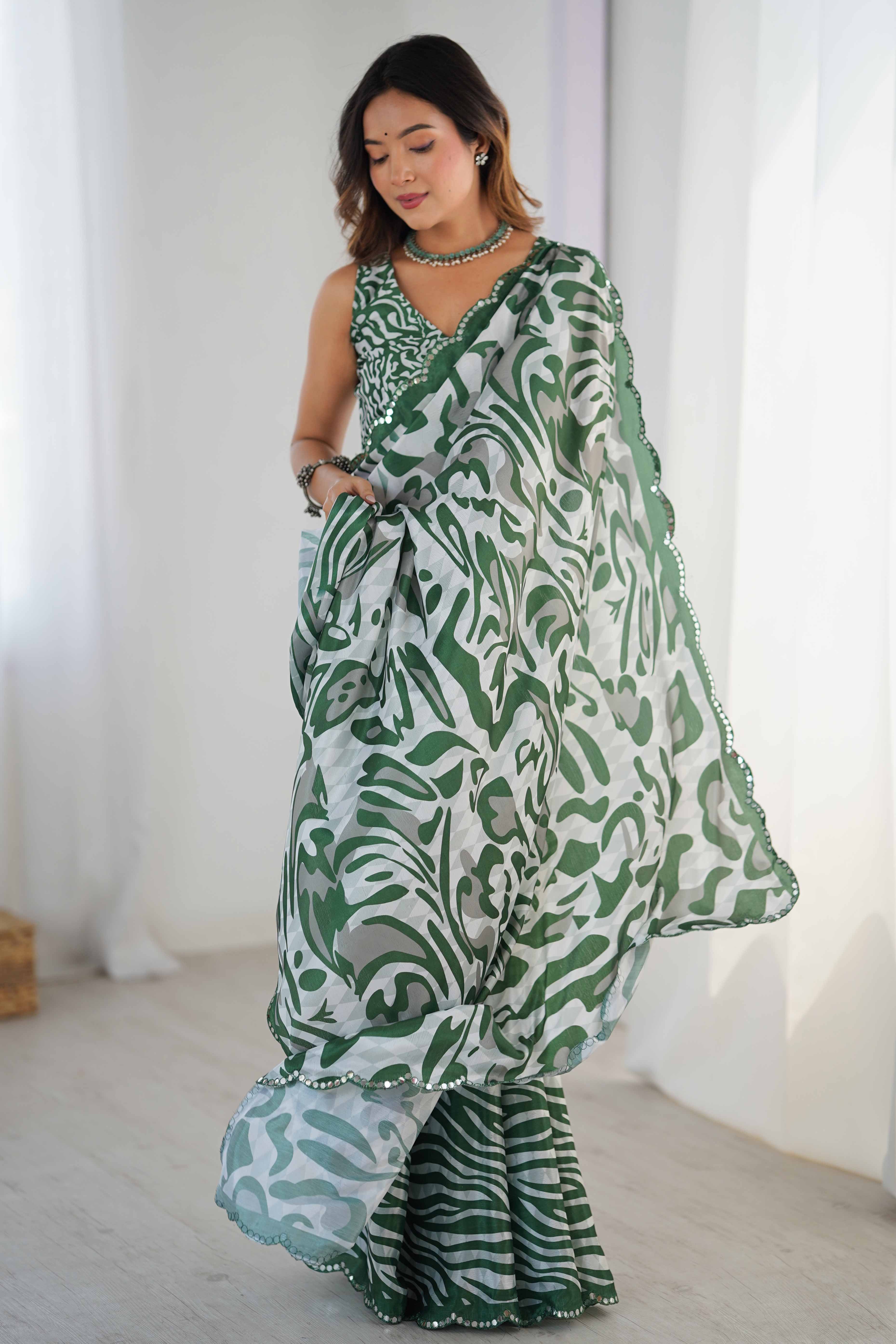 Green & White Chinon Saree with Glimmering Kutchi Mirror Work and Print