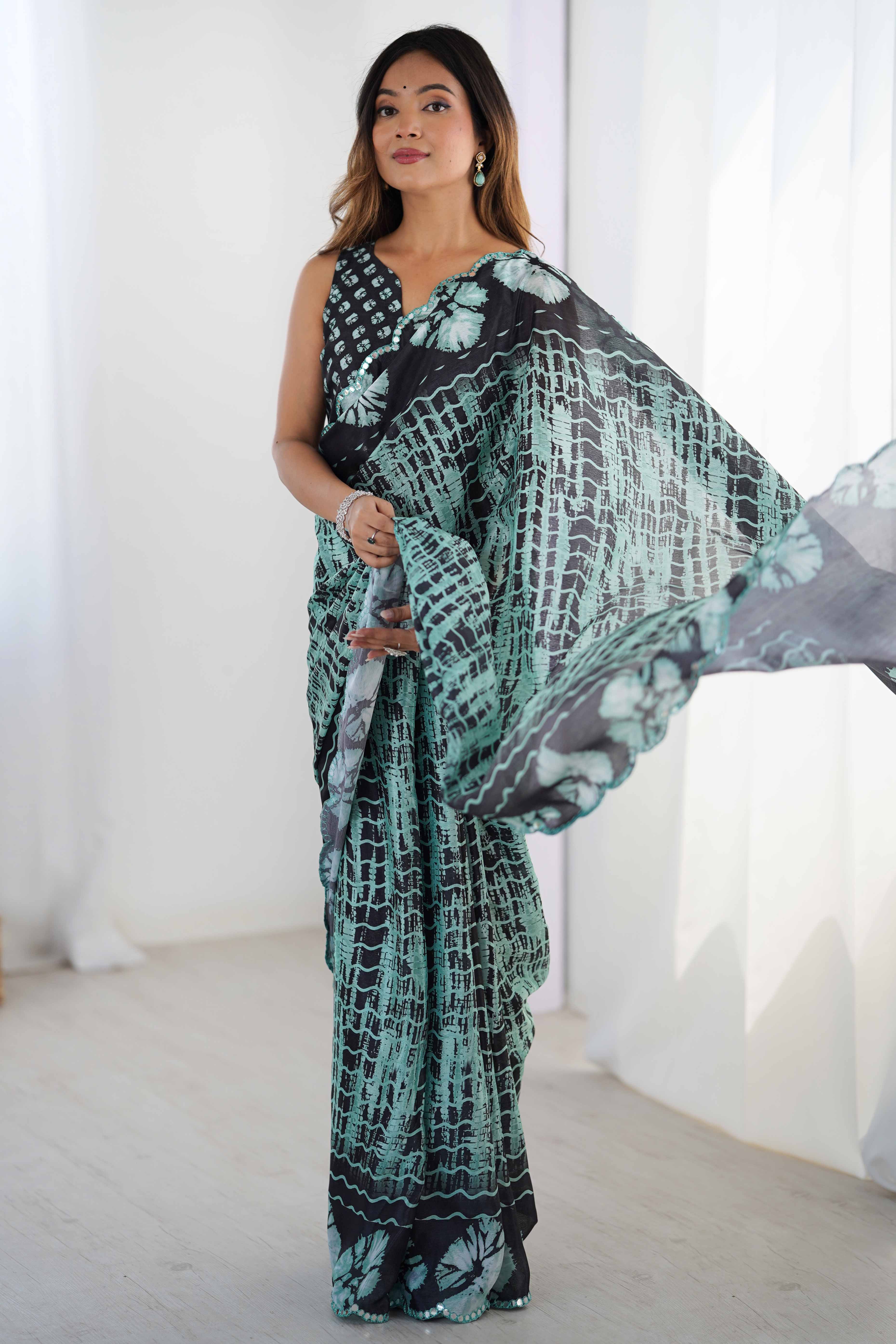 Sea Green & Black Chinon Saree with Glimmering Kutchi Mirror Work and Print