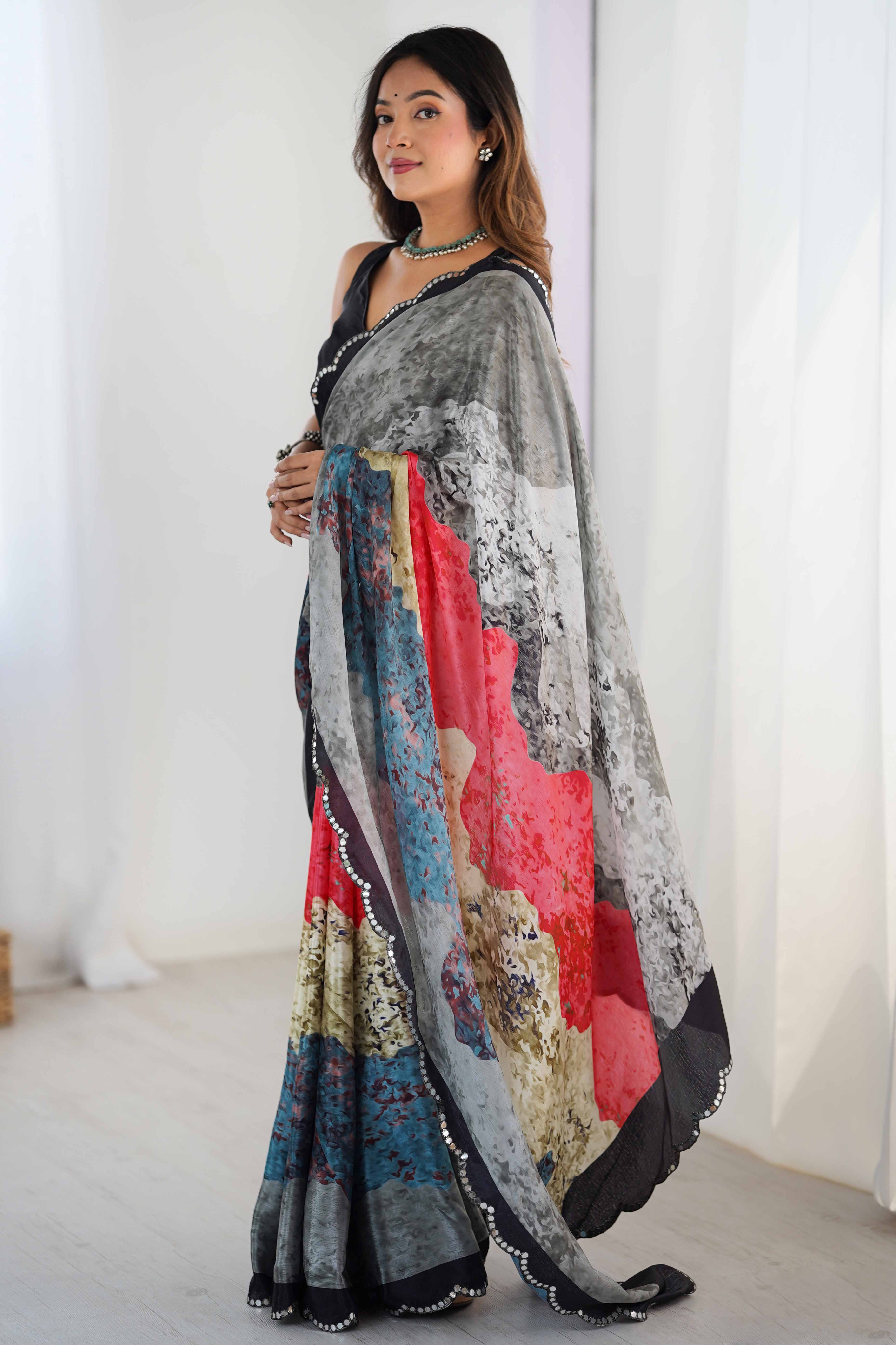 Grey Chinon Saree with Glimmering Kutchi Mirror Work and Print