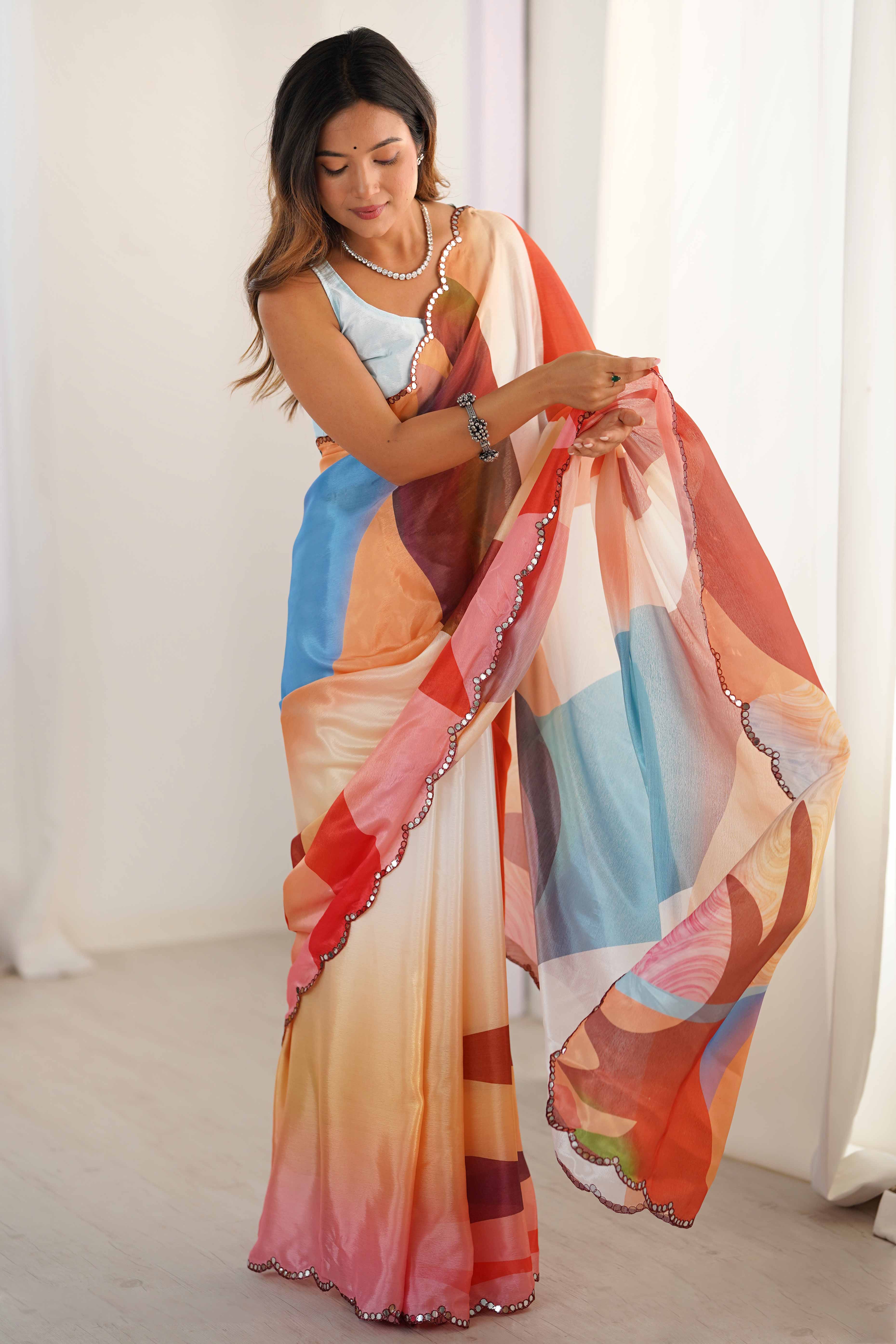 Multicolor Chinon Saree with Glimmering Kutchi Mirror Work and Print