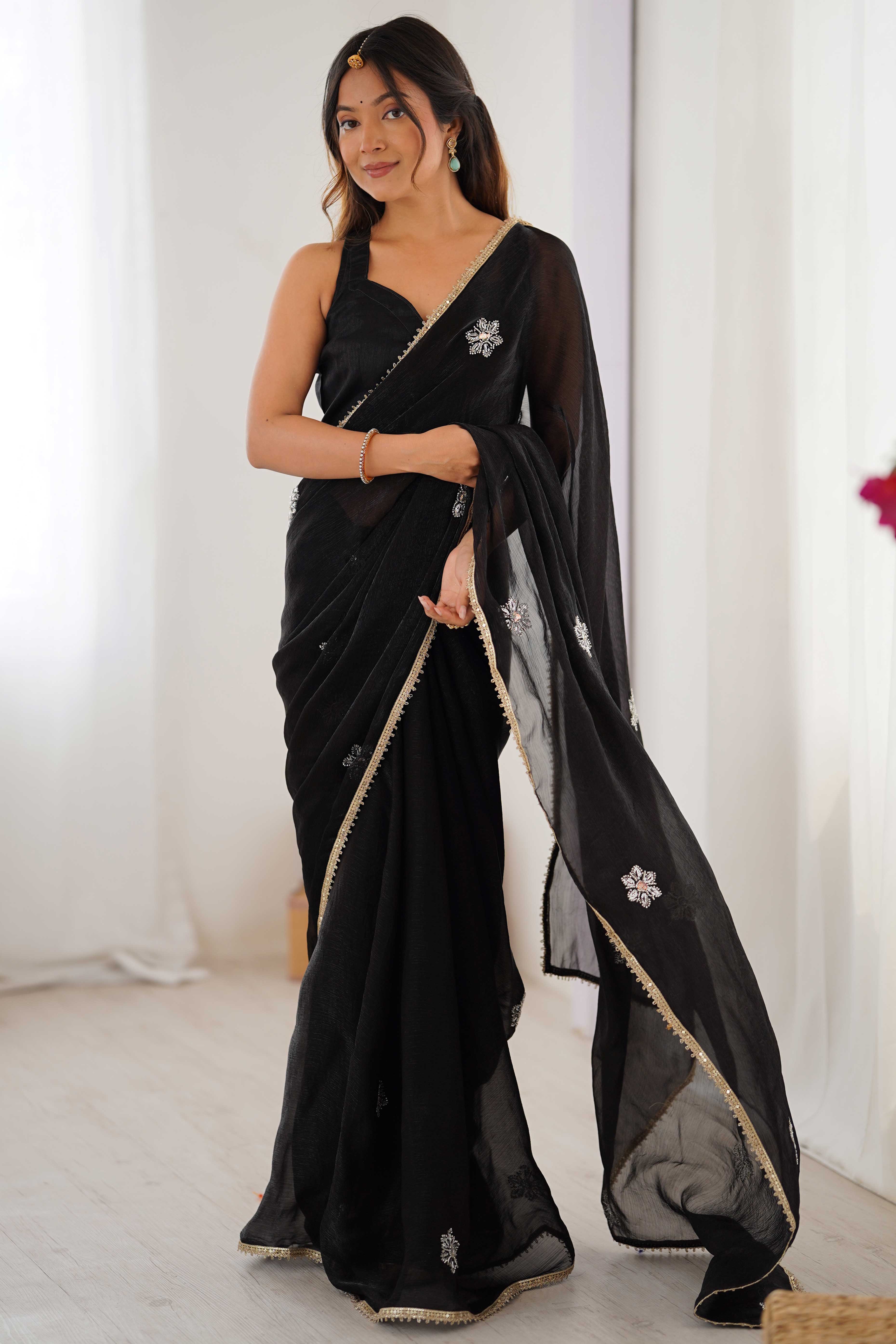 Black Organza Saree Embellished with Intricate Floral Work and Elegant Lace Detailing