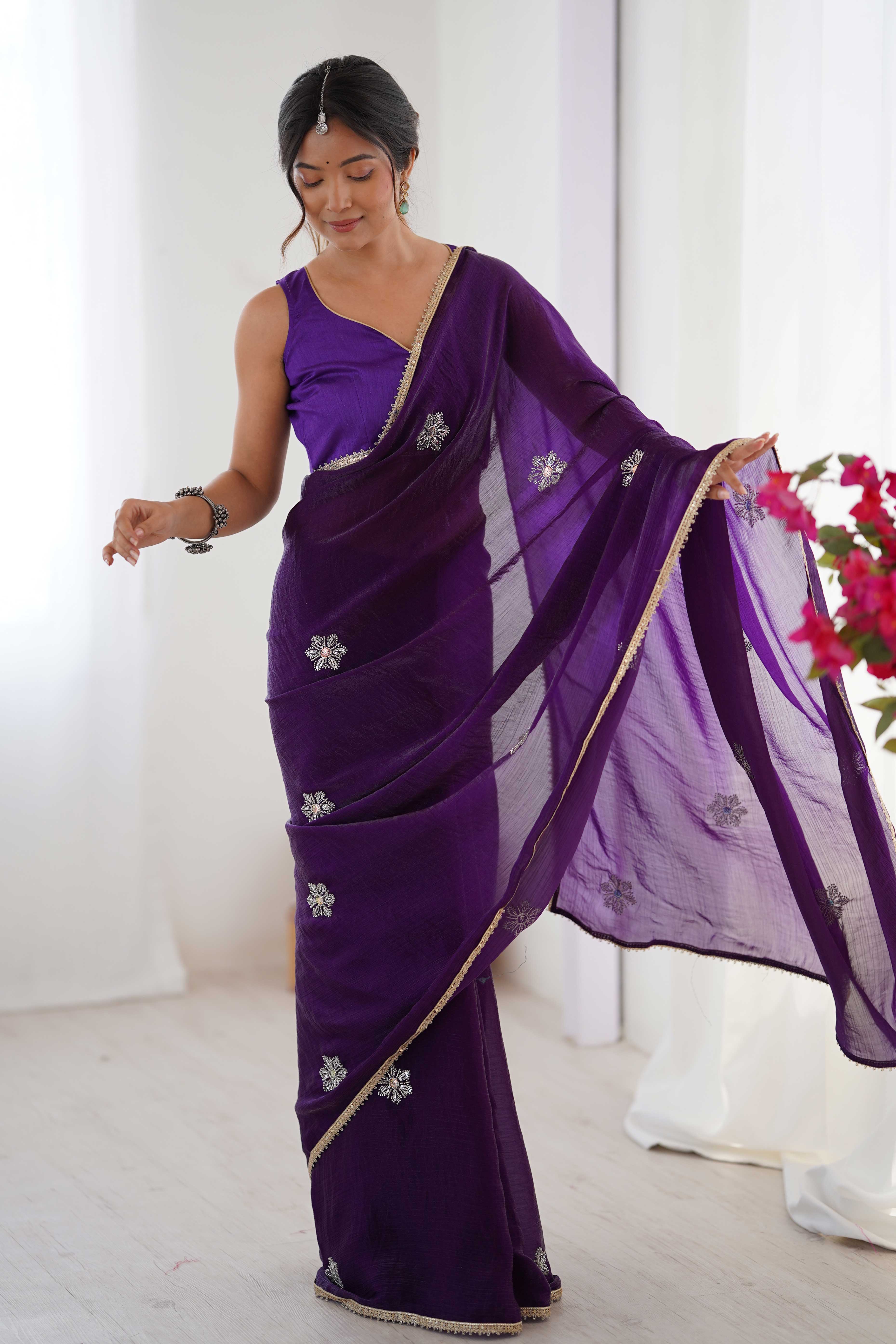 Deep Purple Organza Saree Embellished with Intricate Floral Work and Elegant Lace Detailing