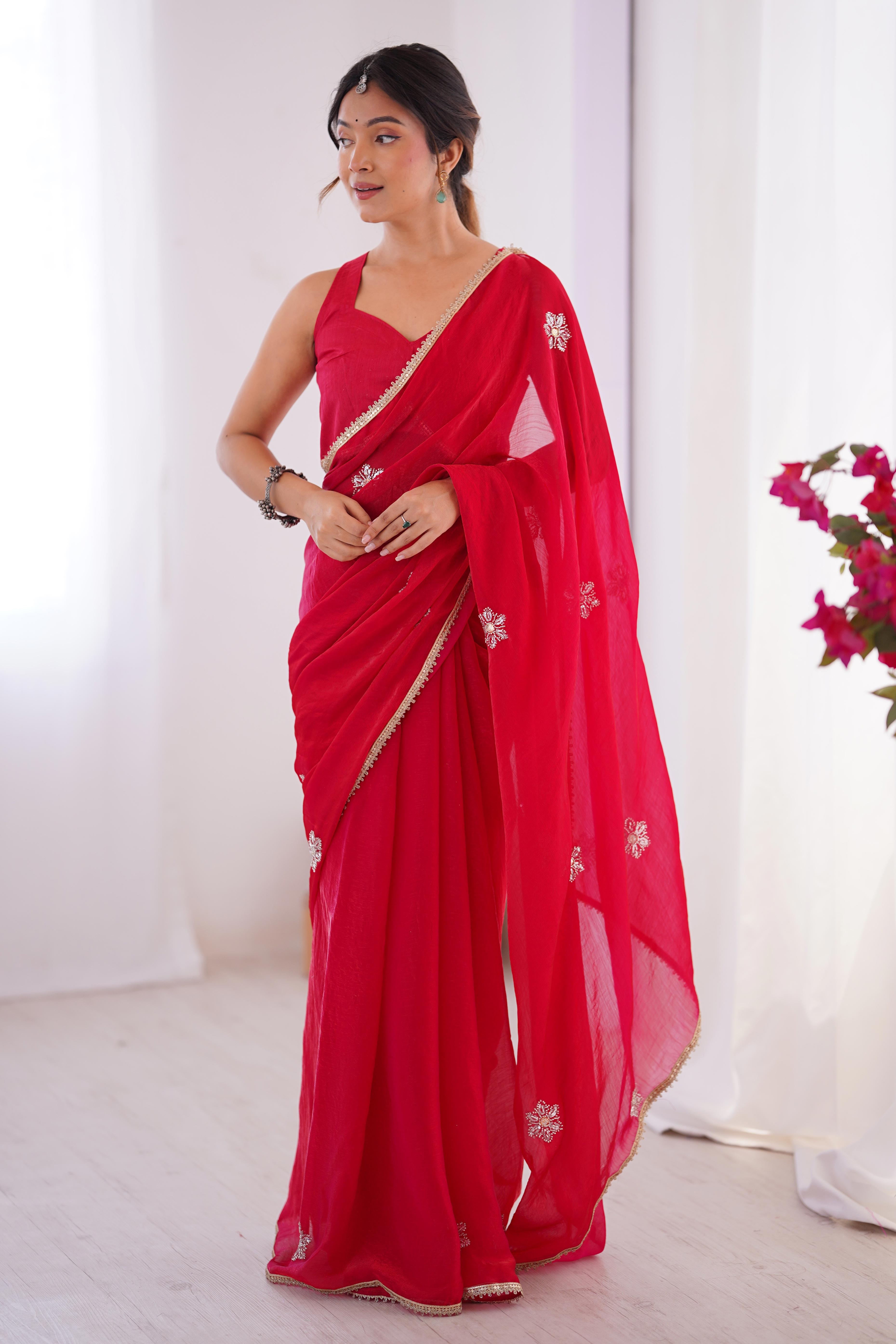 Red Organza Saree Embellished with Intricate Floral Work and Elegant Lace Detailing