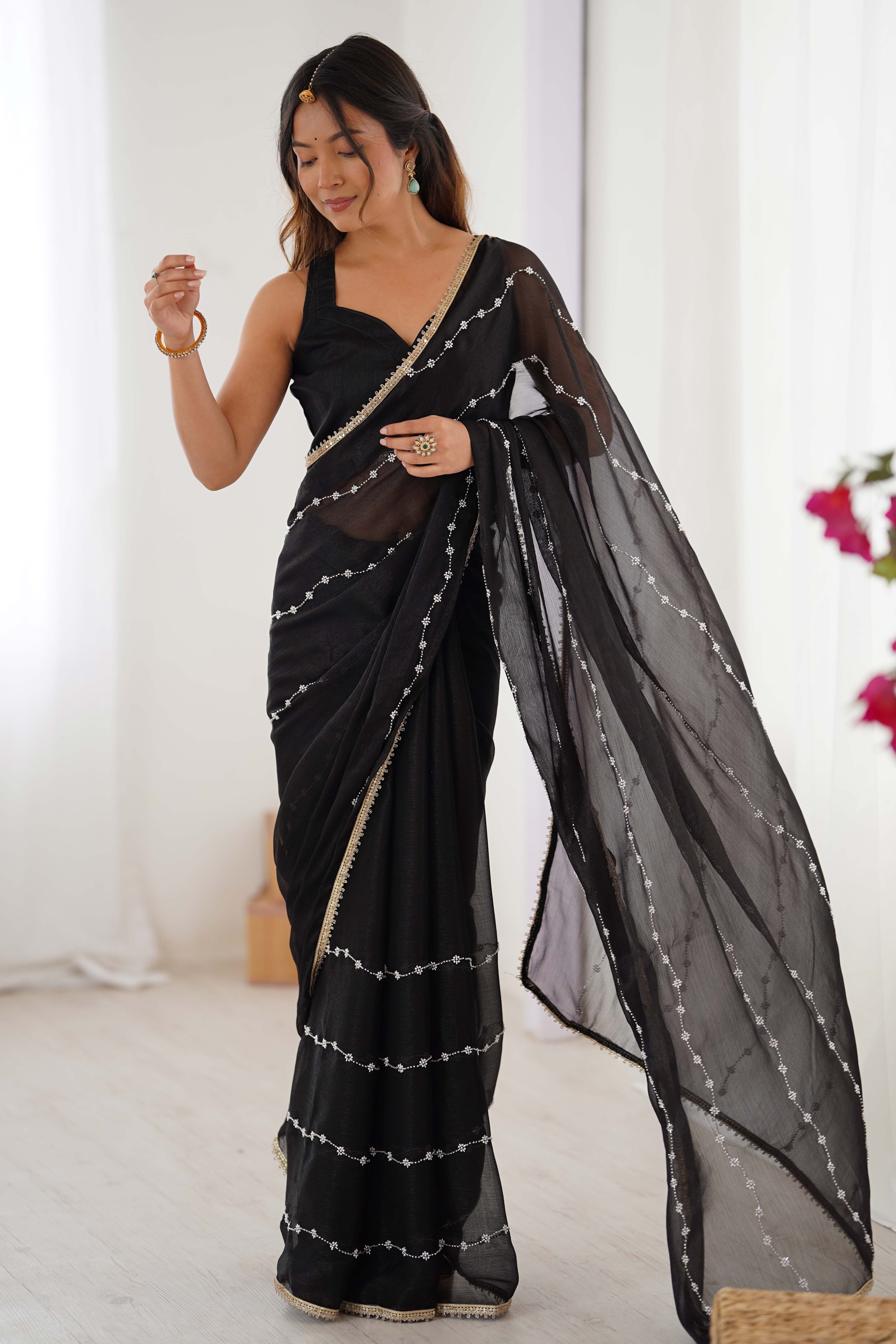 Black Embellished Organza Saree With Delicate Linear Beads & Stones detailing