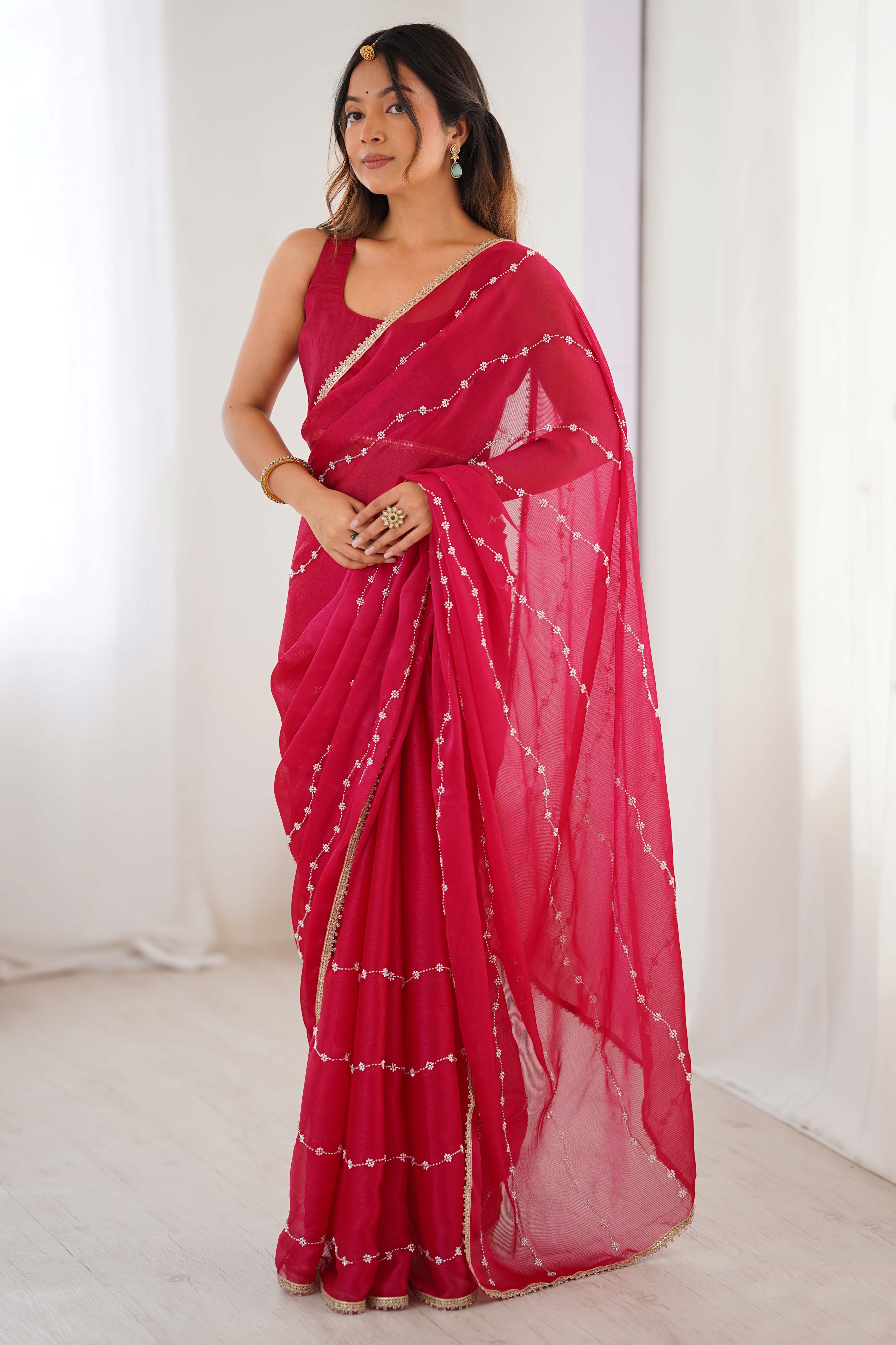 Pink Embellished Organza Saree With Delicate Linear Beads & Stones detailing