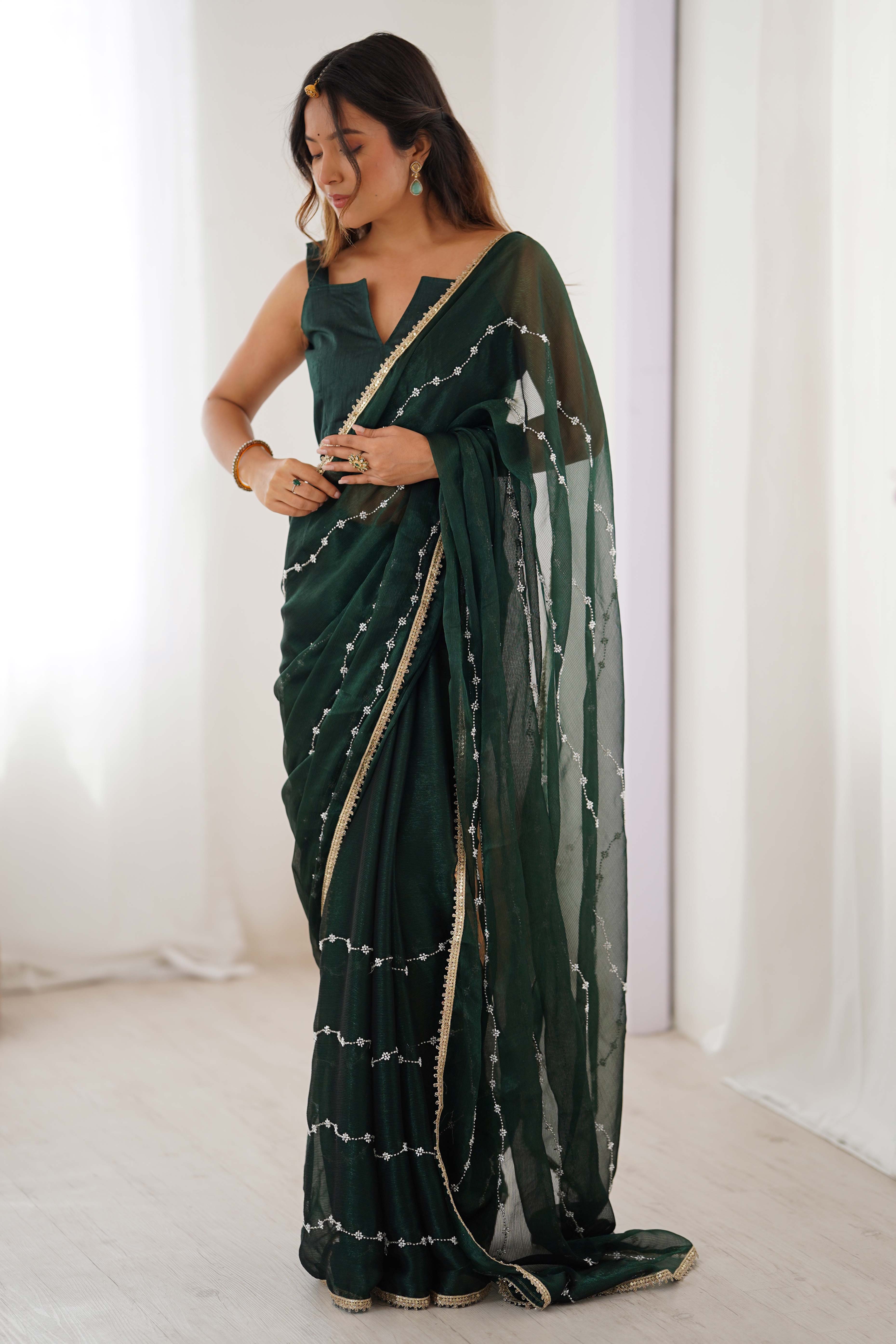 Green Embellished Organza Saree With Delicate Linear Beads & Stones detailing