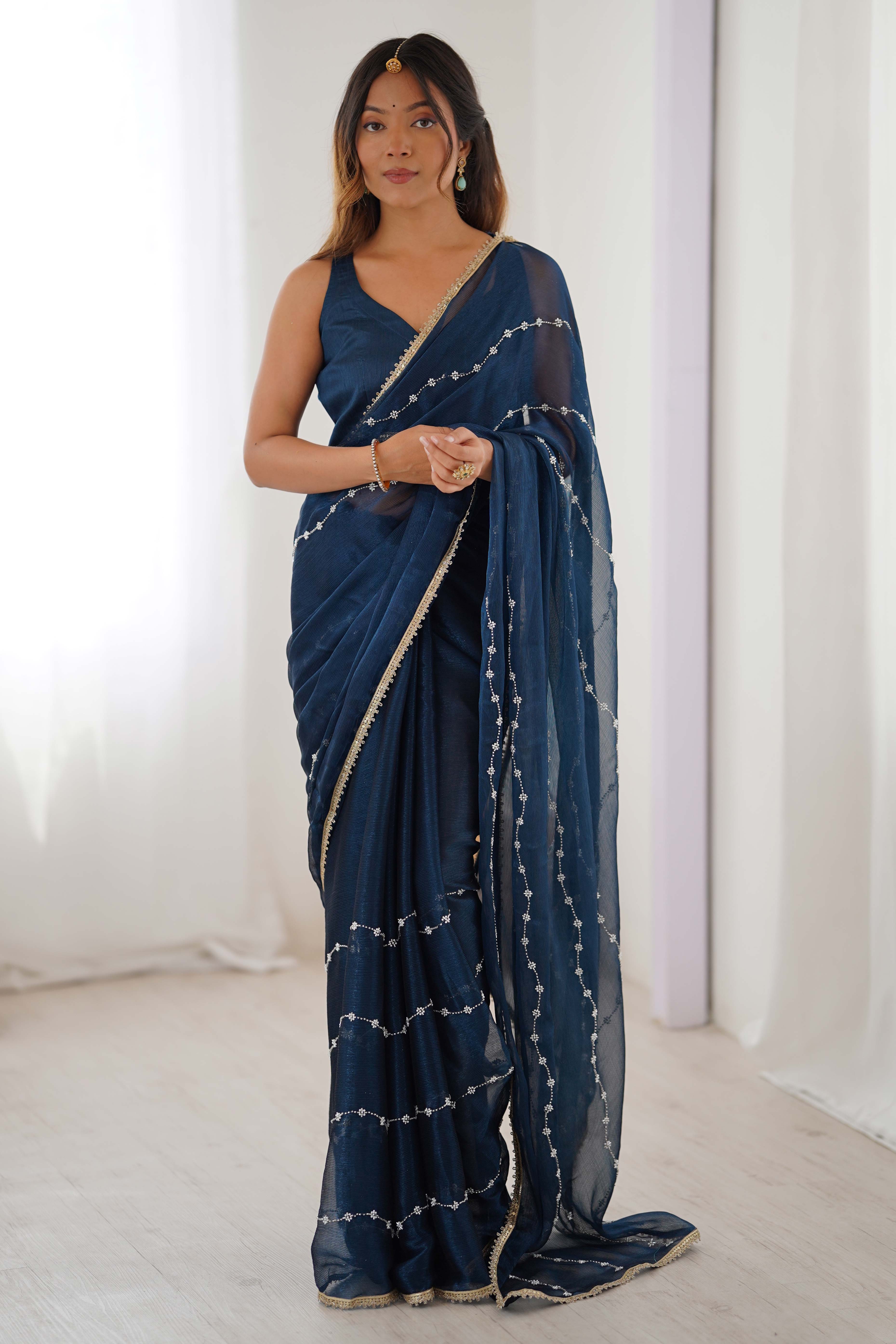 Blue Embellished Organza Saree With Delicate Linear Beads & Stones detailing