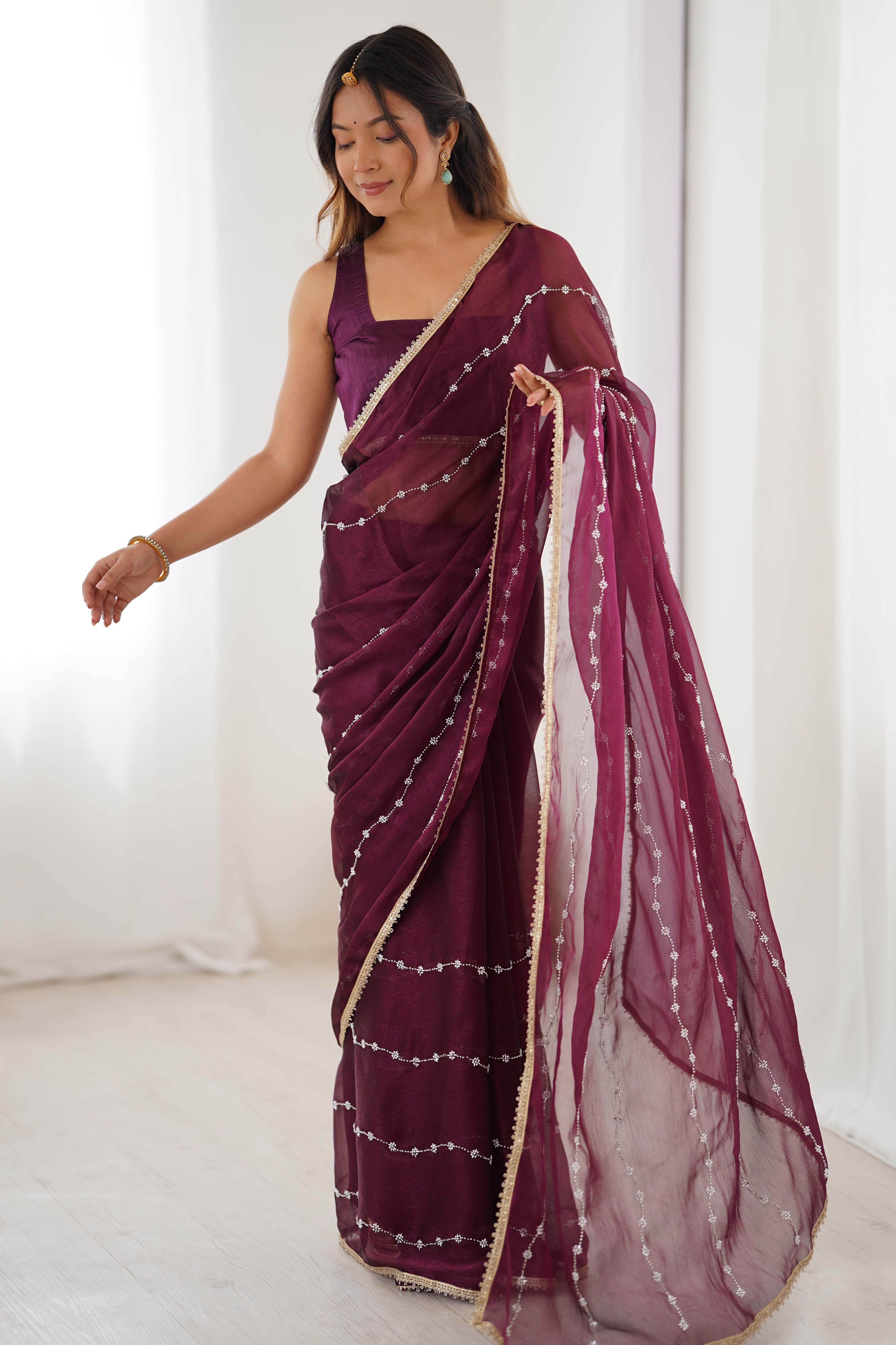 Wine Embellished Organza Saree With Delicate Linear Beads & Stones detailing