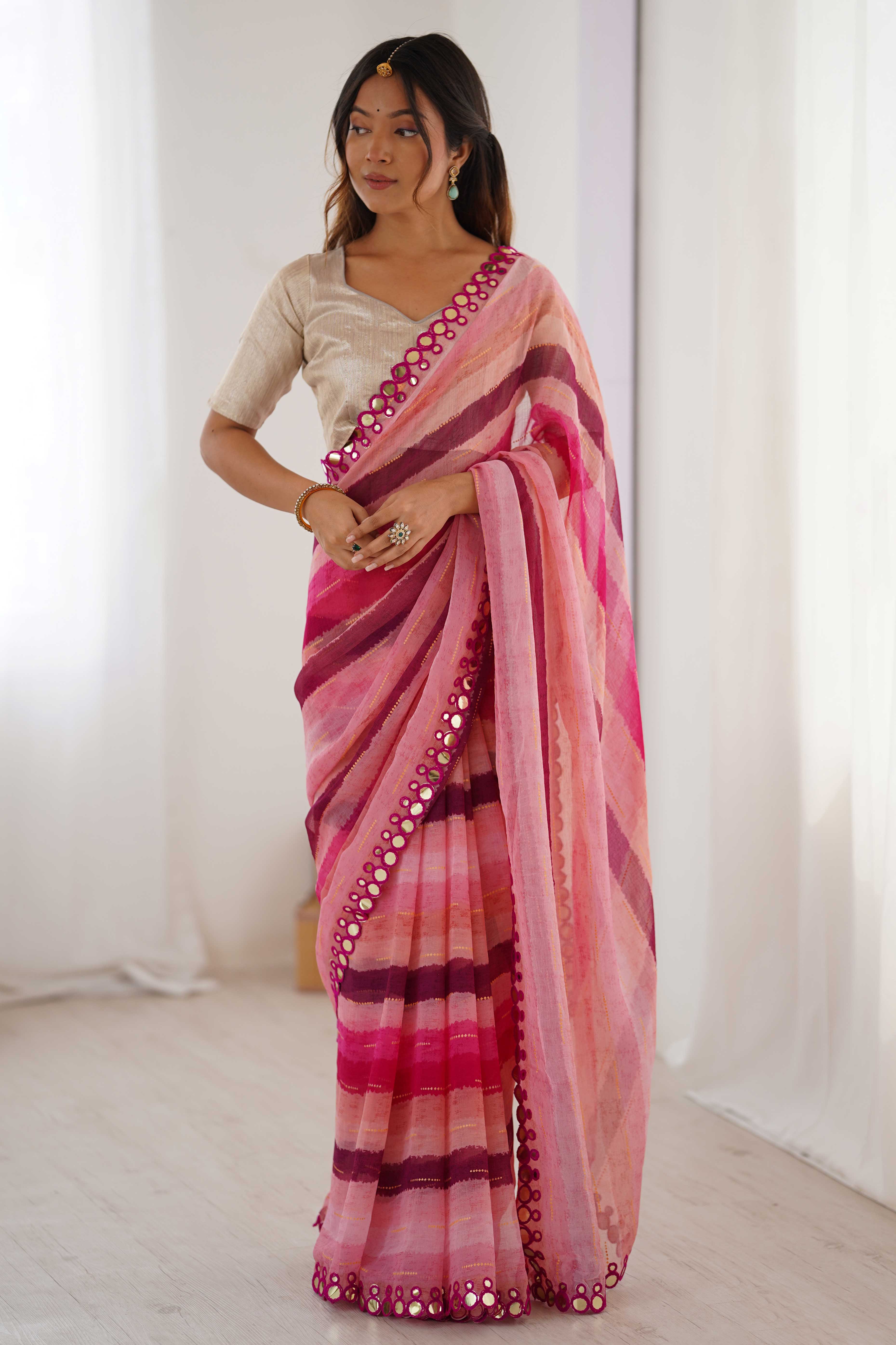 Soft Chiffon Pink Saree Featuring Classic Leheriya and Mirror Work Edges