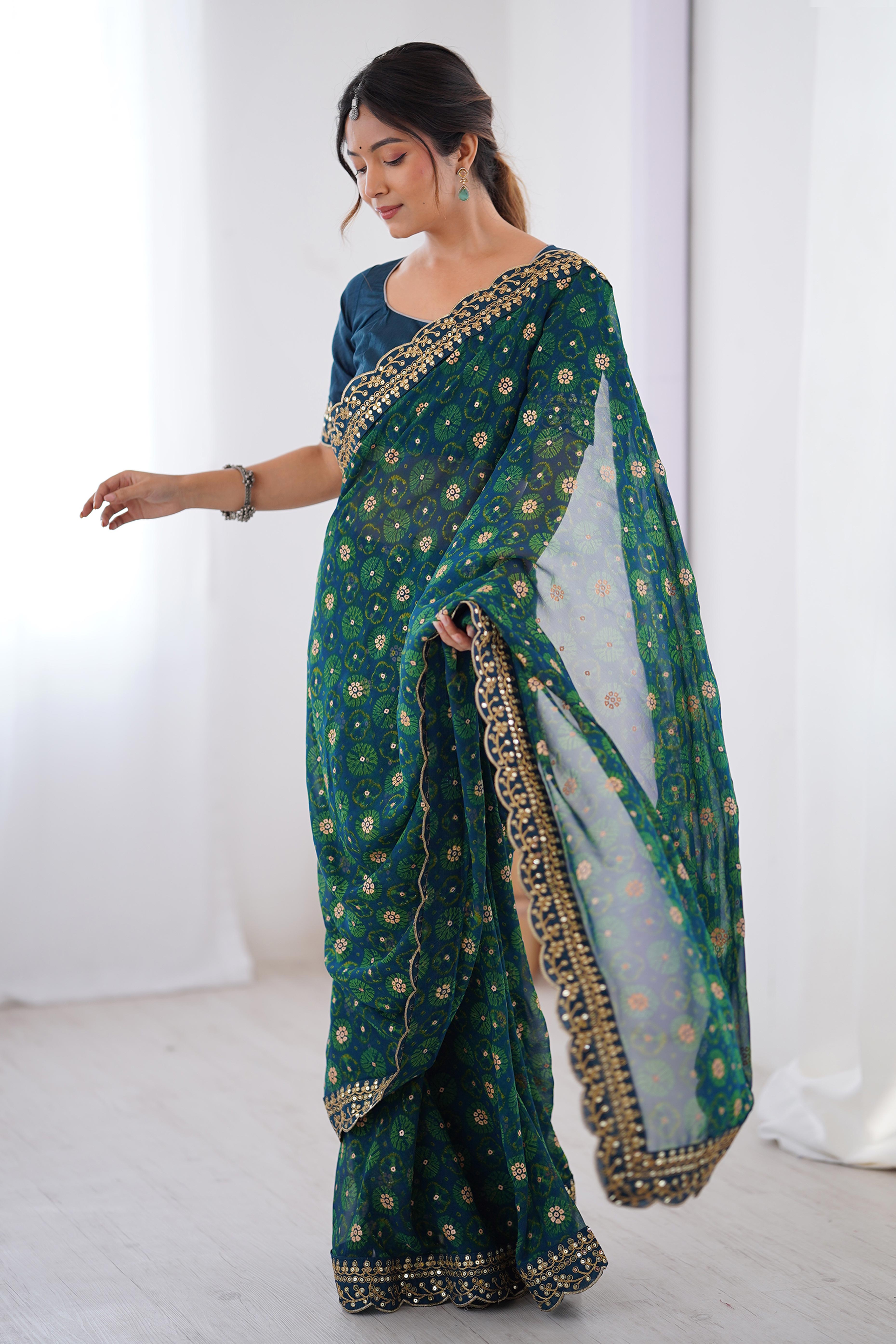 Soft Georgette Blue Saree with Playful Print and Delicate Sequin Lace Work