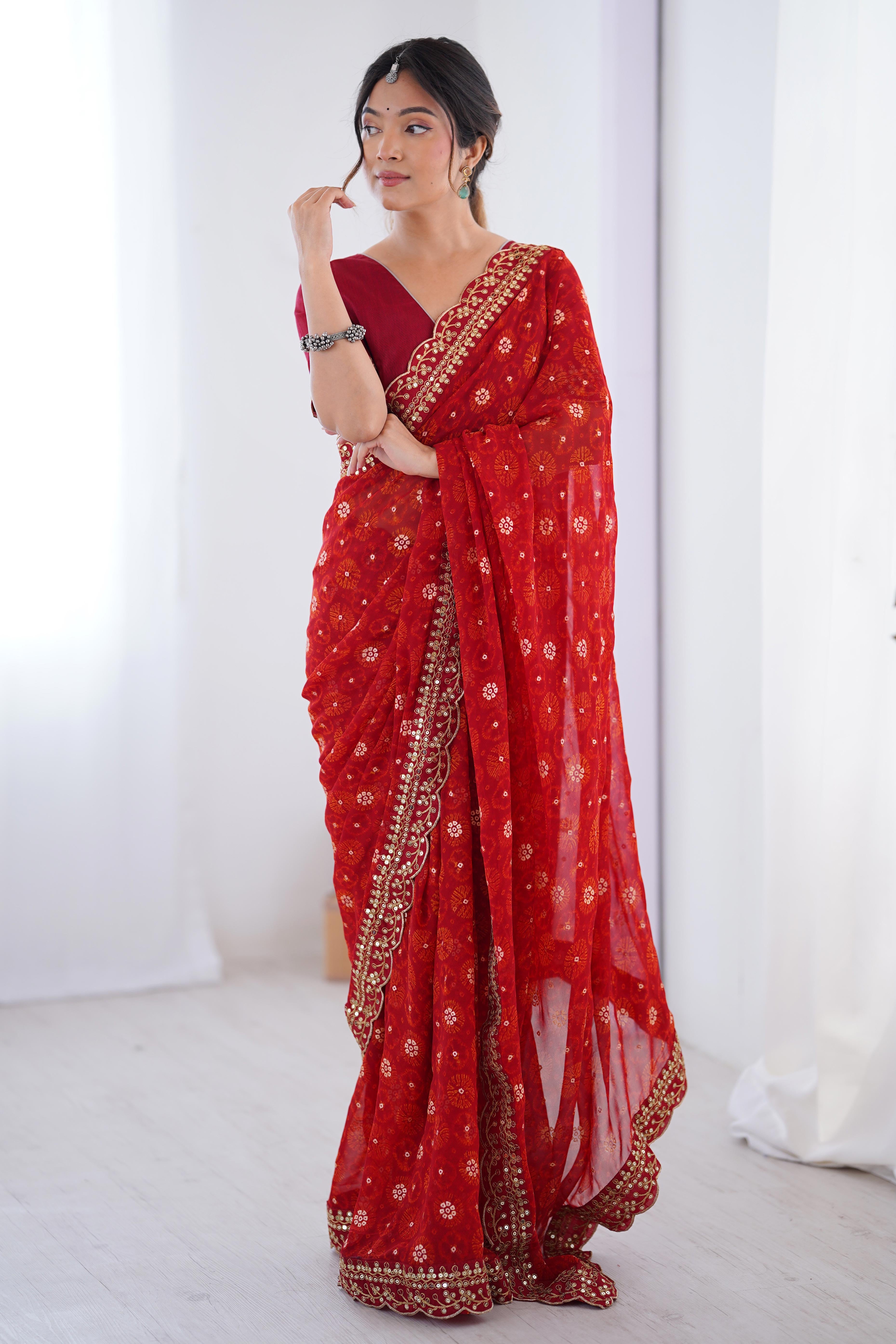 Soft Georgette Red Saree with Playful Print and Delicate Sequin Lace Work