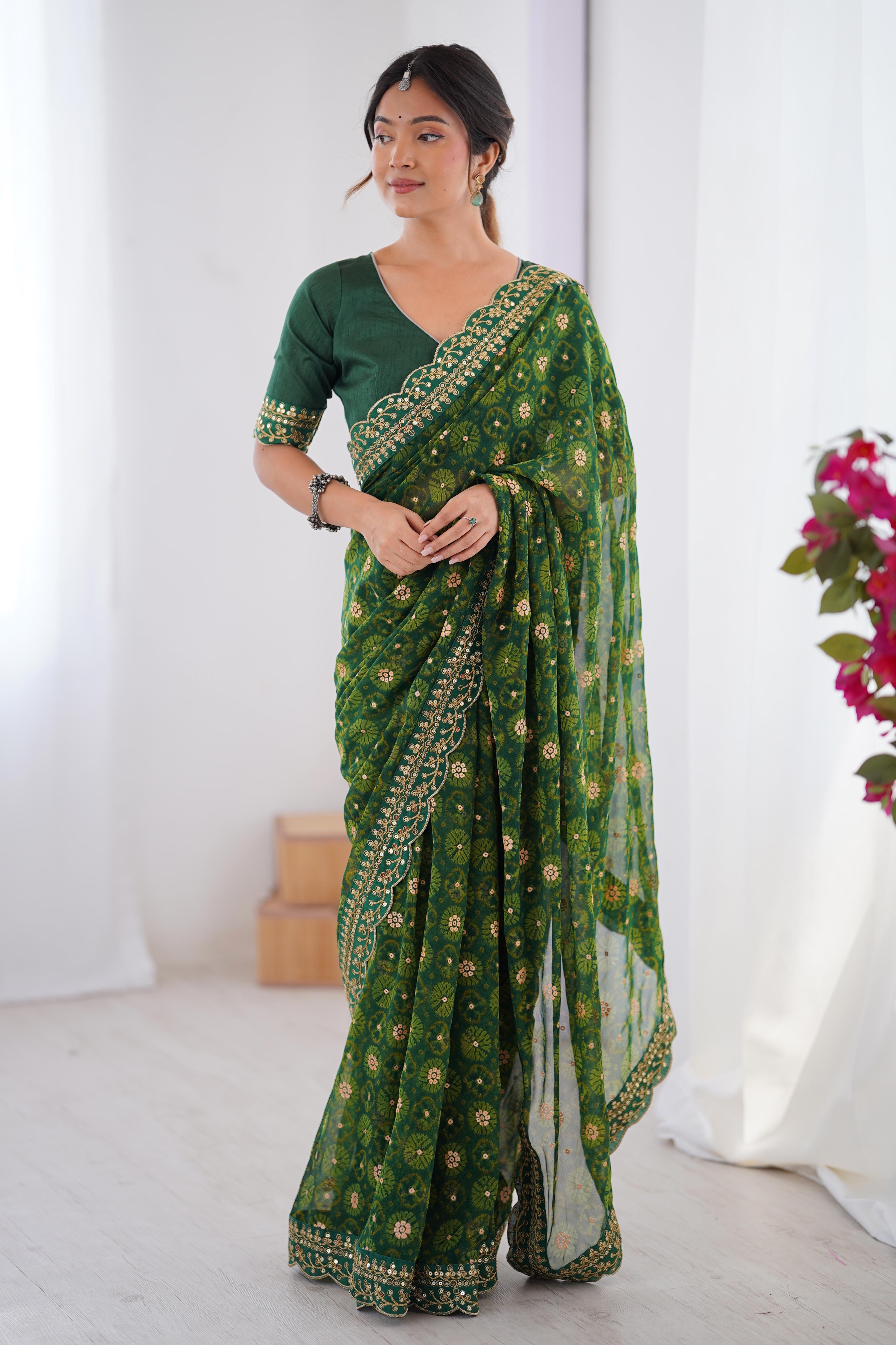 Soft Georgette Green Saree with Playful Print and Delicate Sequin Lace Work