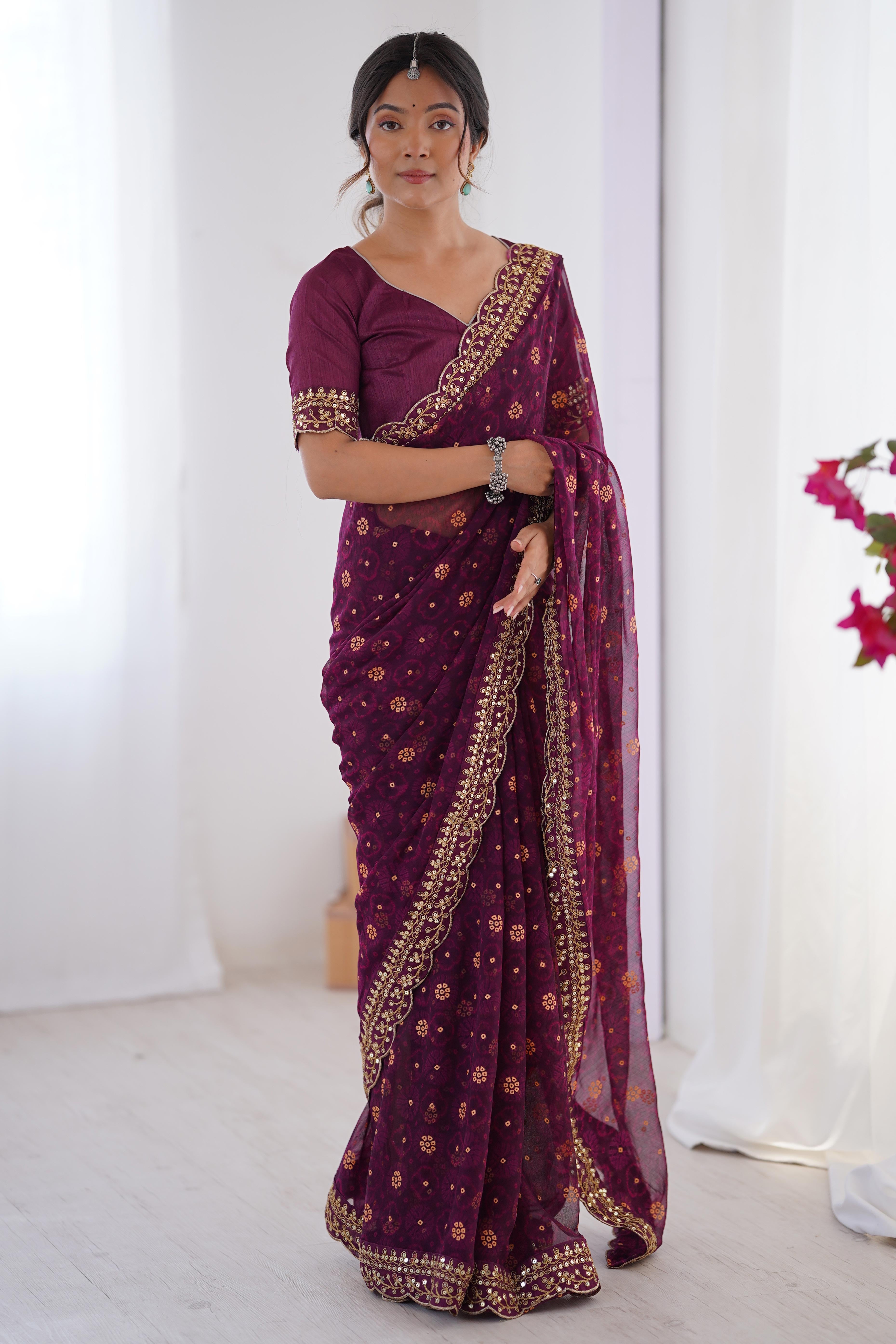 Soft Georgette Wine Saree with Playful Print and Delicate Sequin Lace Work