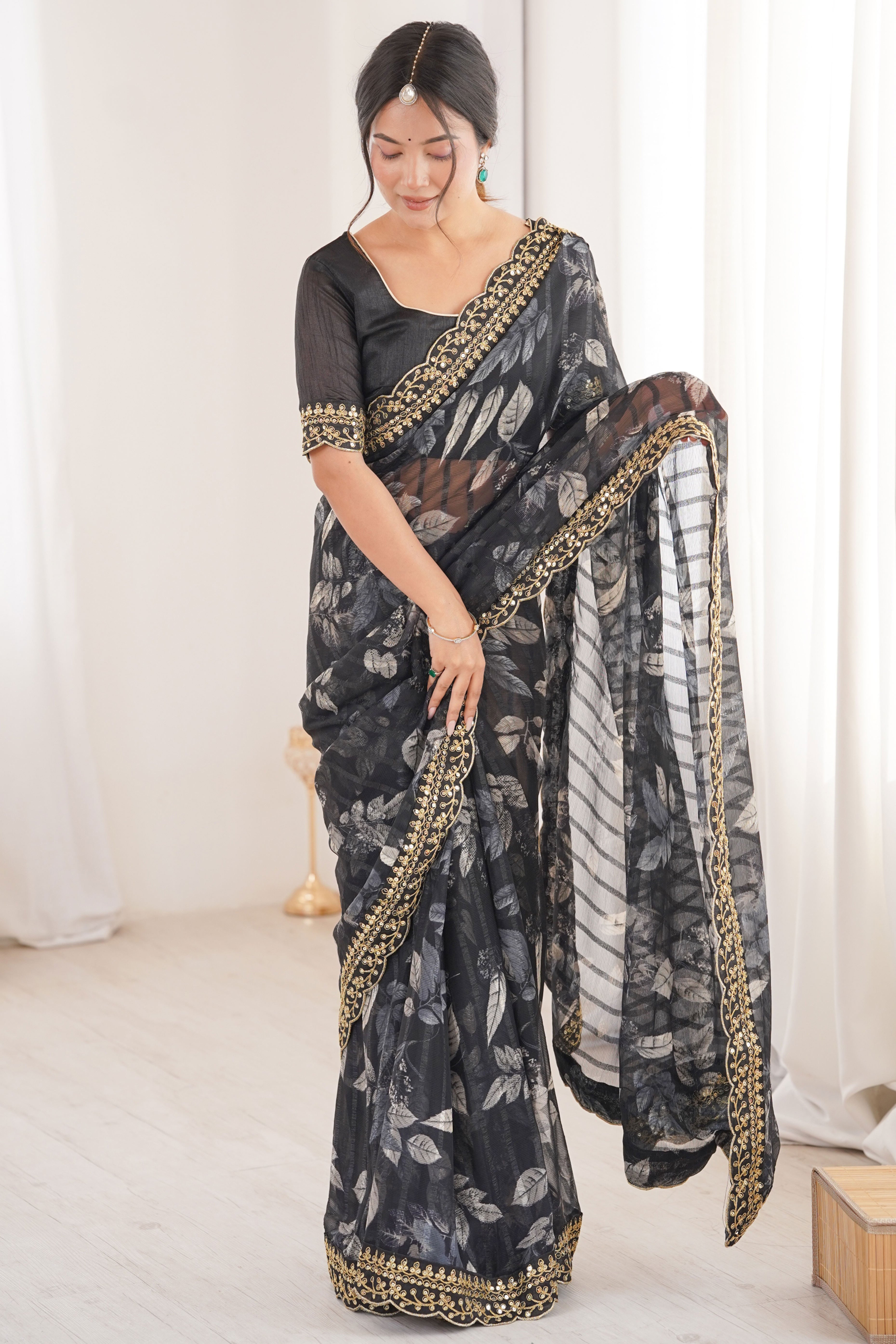 Elegant Black Leaf & Floral Print Georgette Saree With Intricate Cording Sequins Embroidery Border