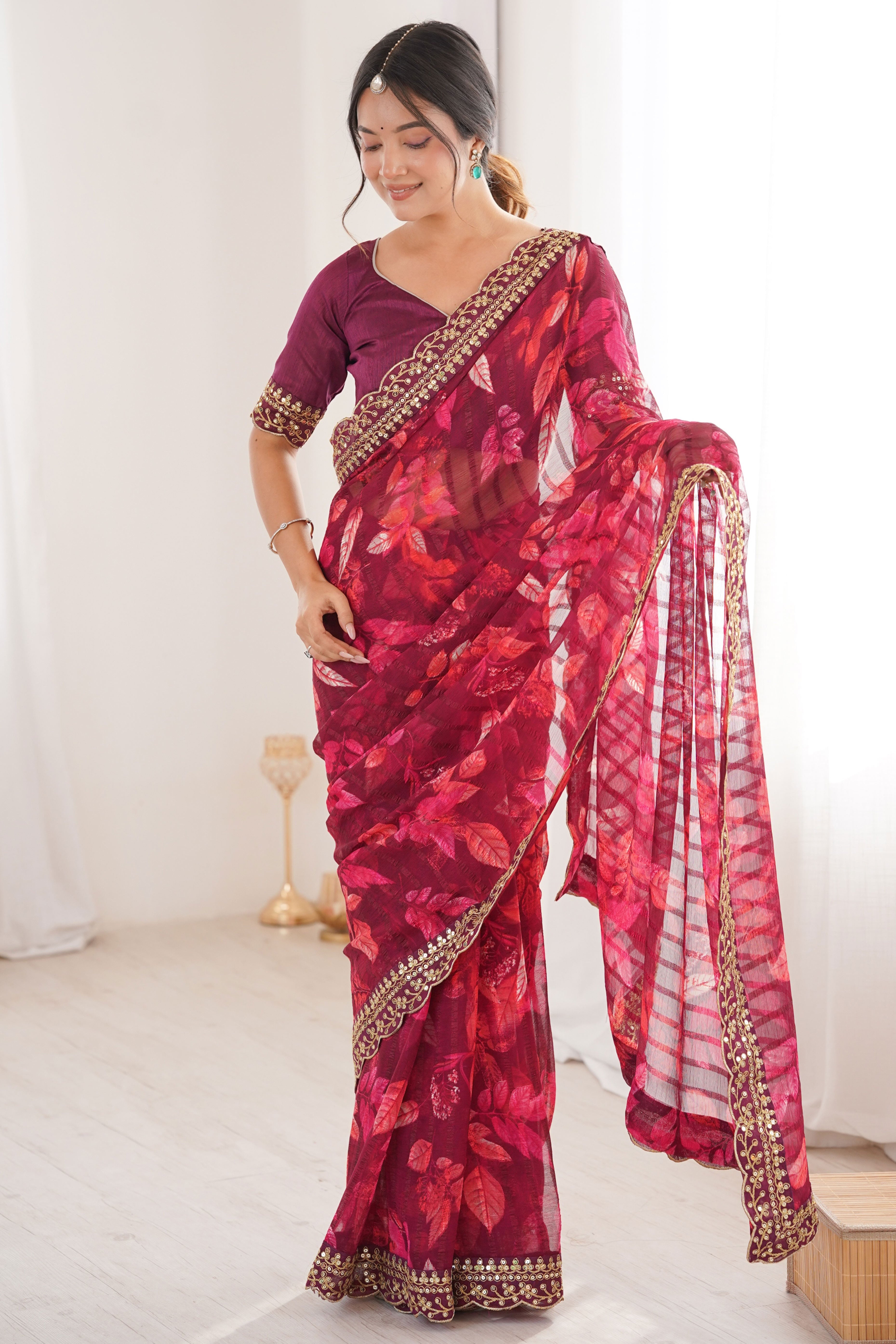 Elegant Wine Leaf & Floral Print Georgette Saree With Intricate Cording Sequins Embroidery Border