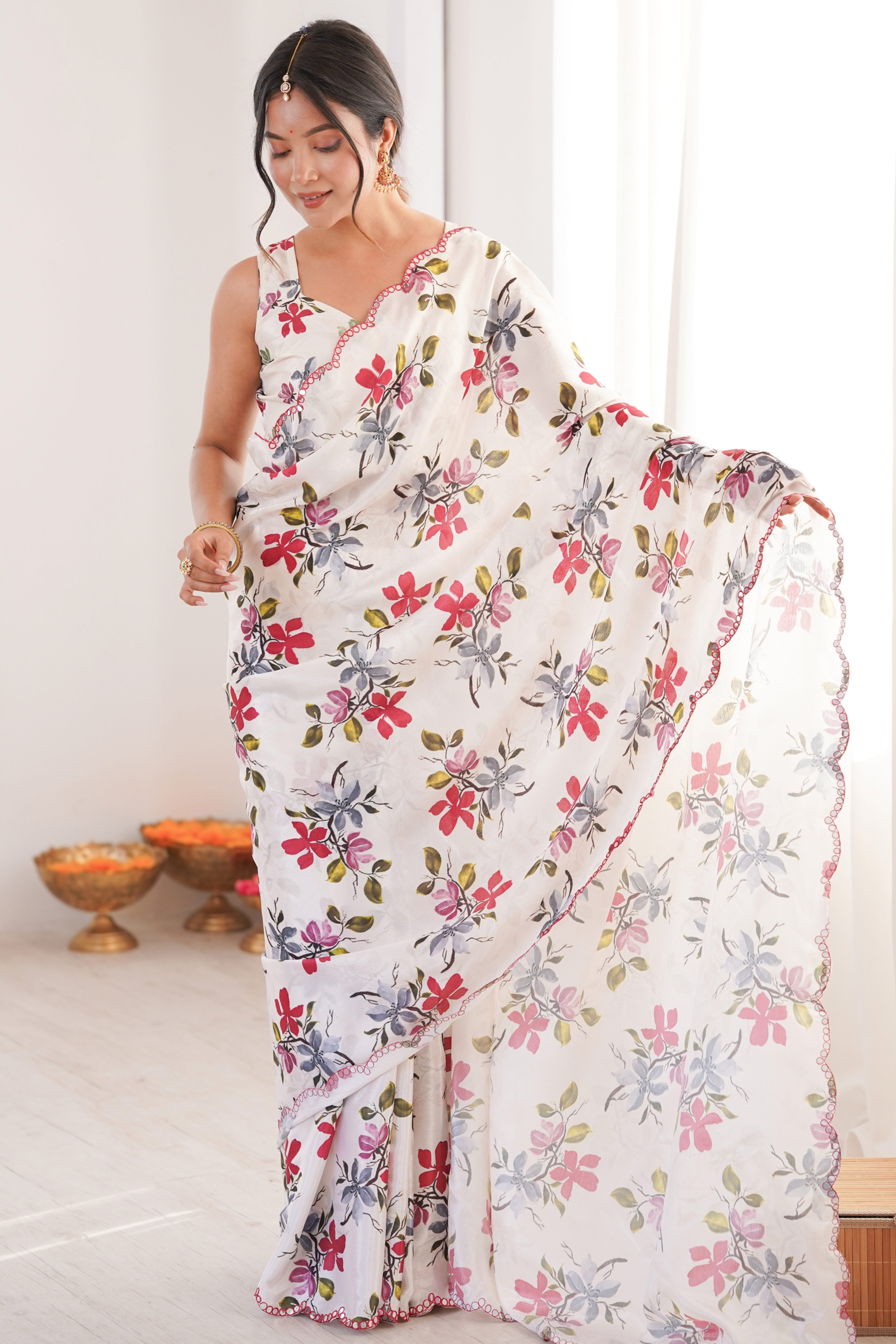 Graceful White Floral Digital Print Chinon Saree With Delicate Embroidered Border Detailing