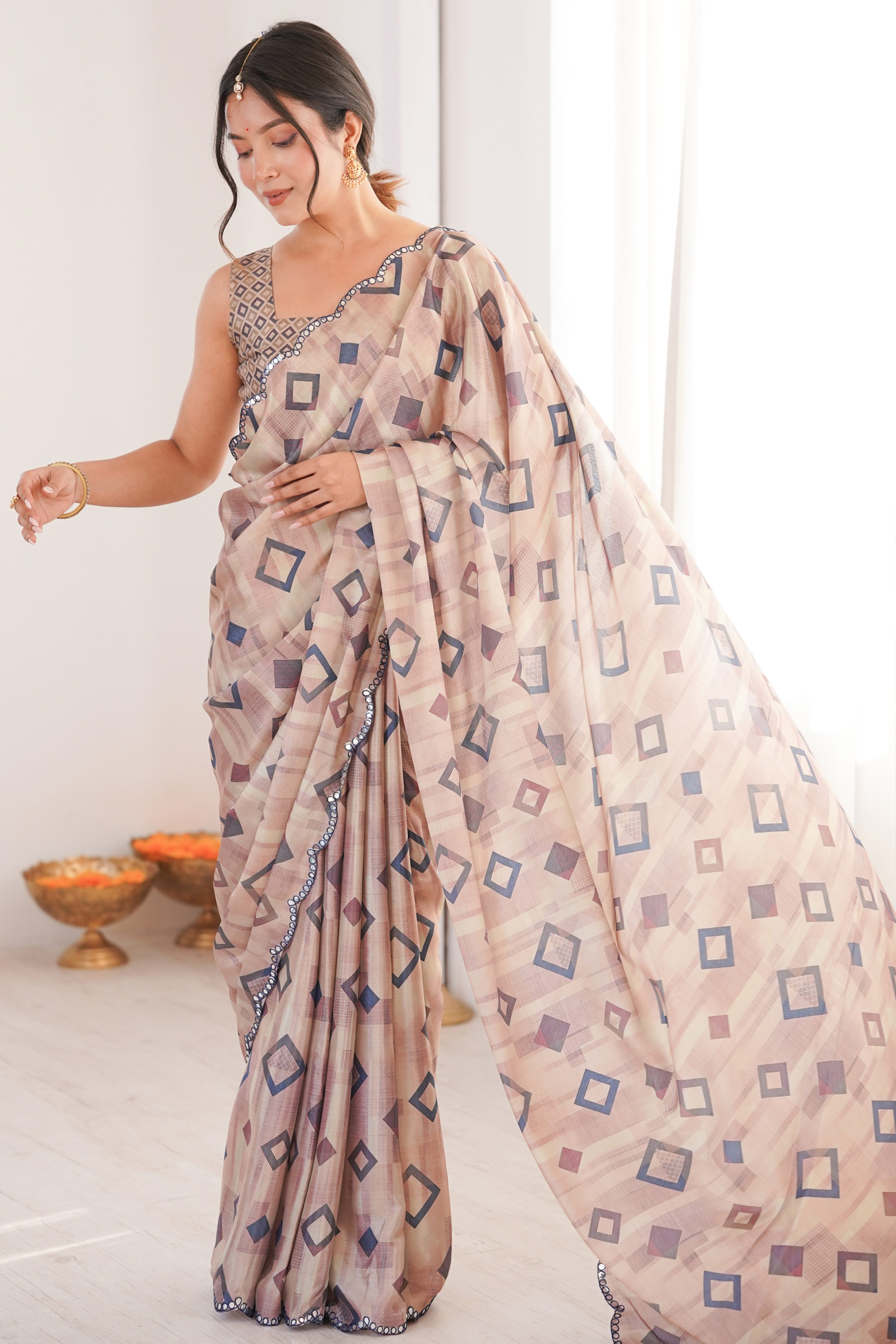 Elegant Cream Geometric Digital Printed Chinon Saree Accented With Intricate Embroidered Border