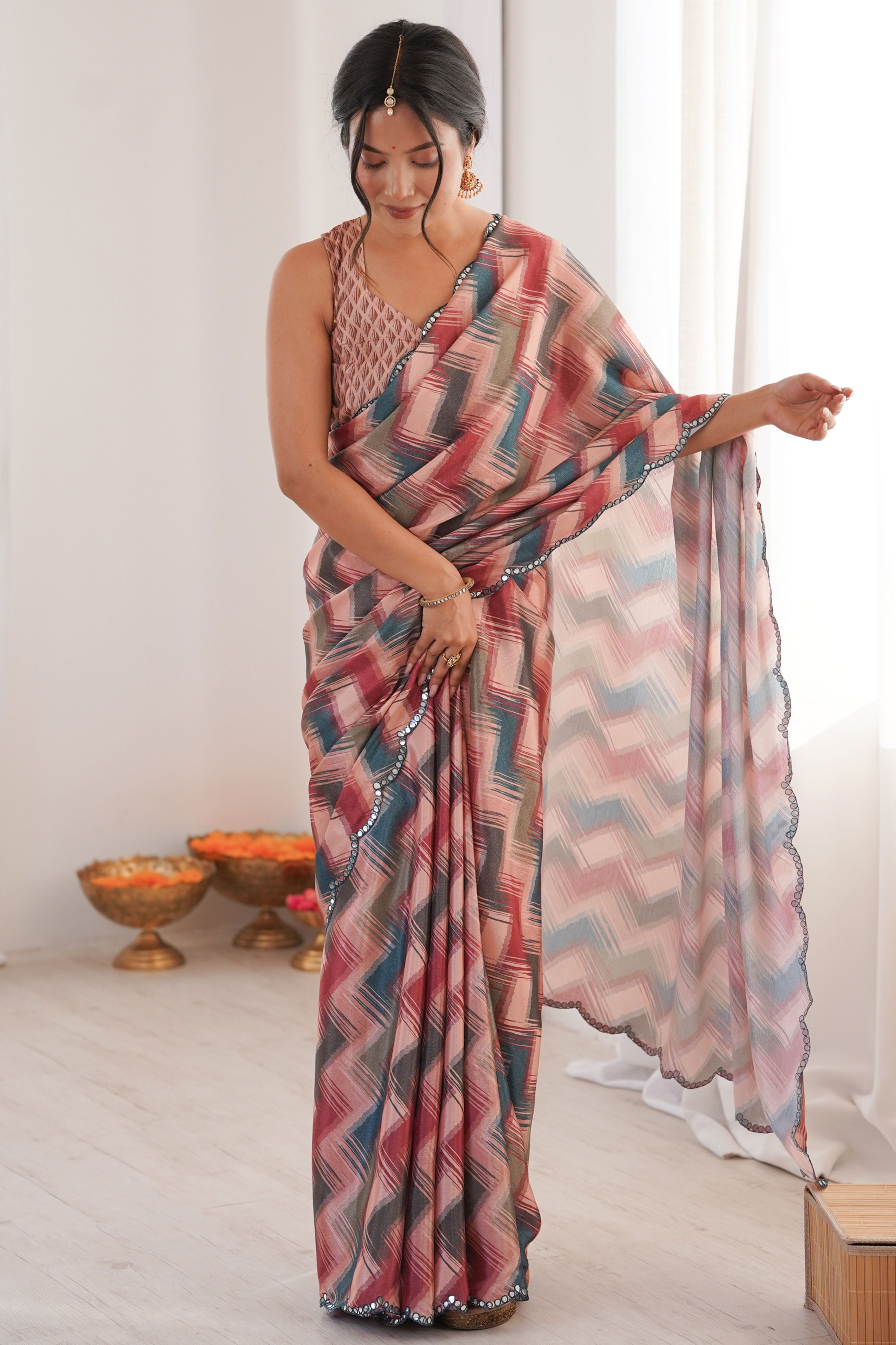 Vibrant Multicolor Ikkat Digital Printed Chinon Saree Accented With Elegant Embroidered Border Work