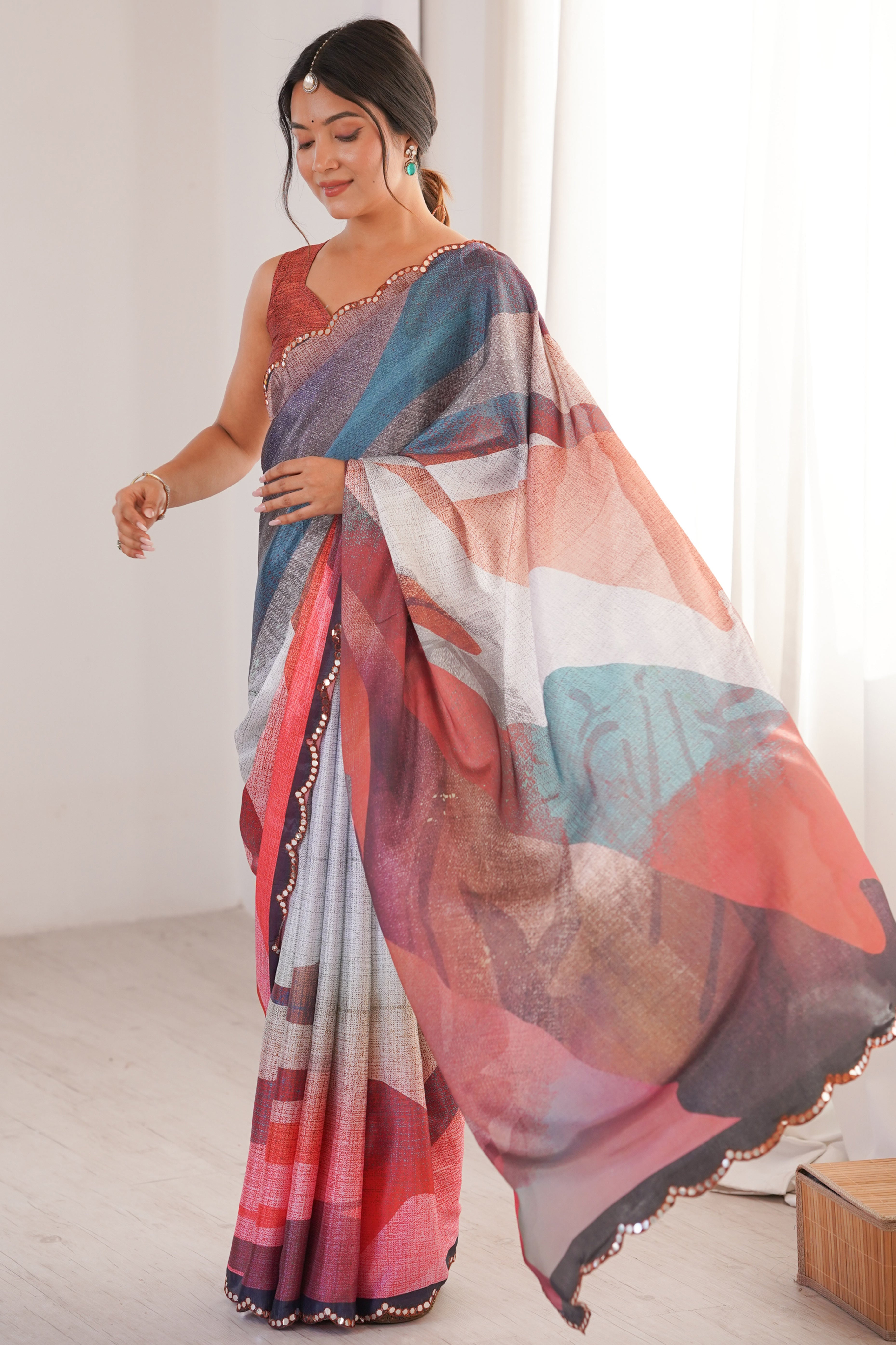 Vibrant Multicolor Digital Printed Chinon Saree Accented With Elegant Embroidered Border Work