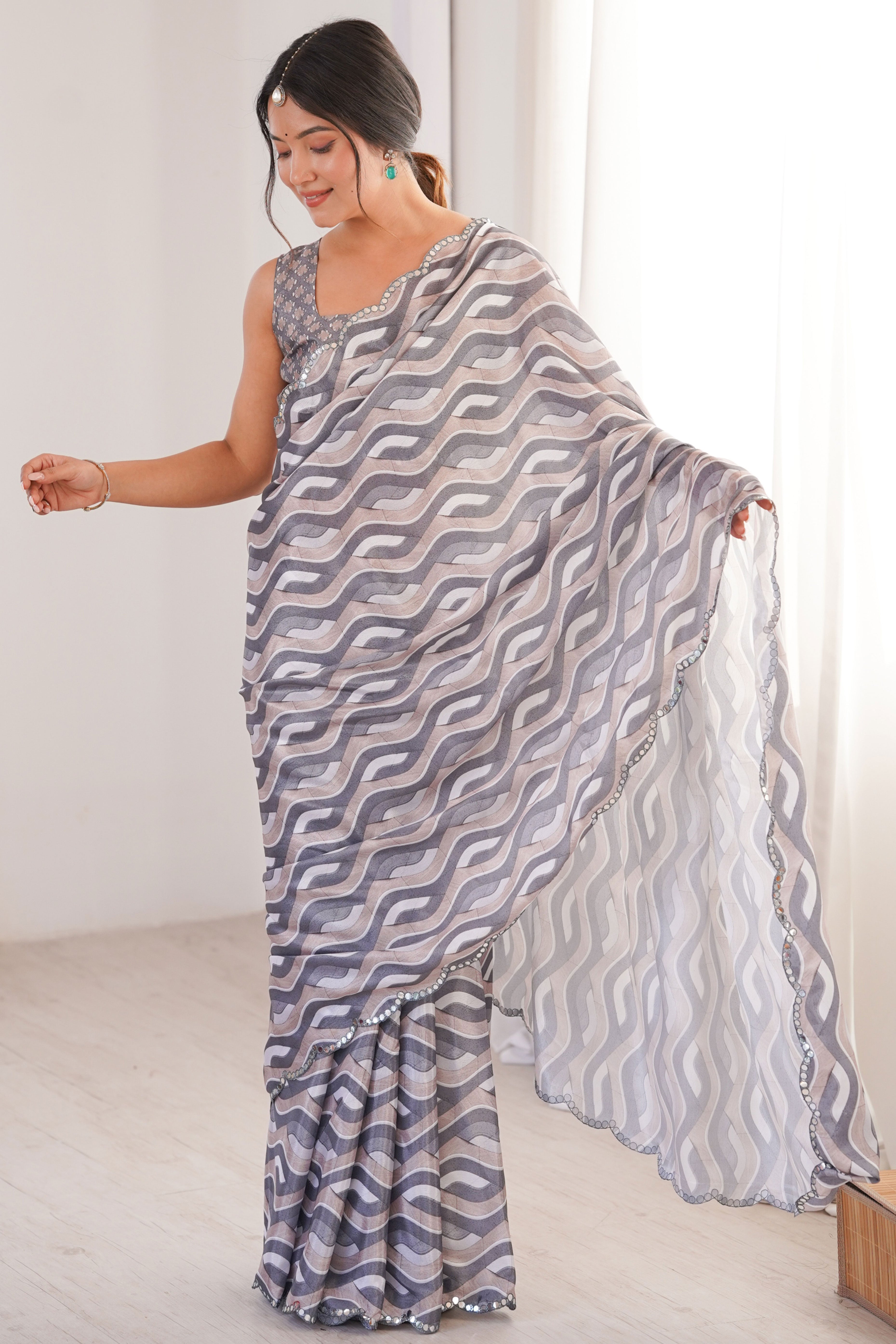 Elegant Grey Zig Zag Digital Printed Chinon Saree Accented With Intricate Embroidered Border