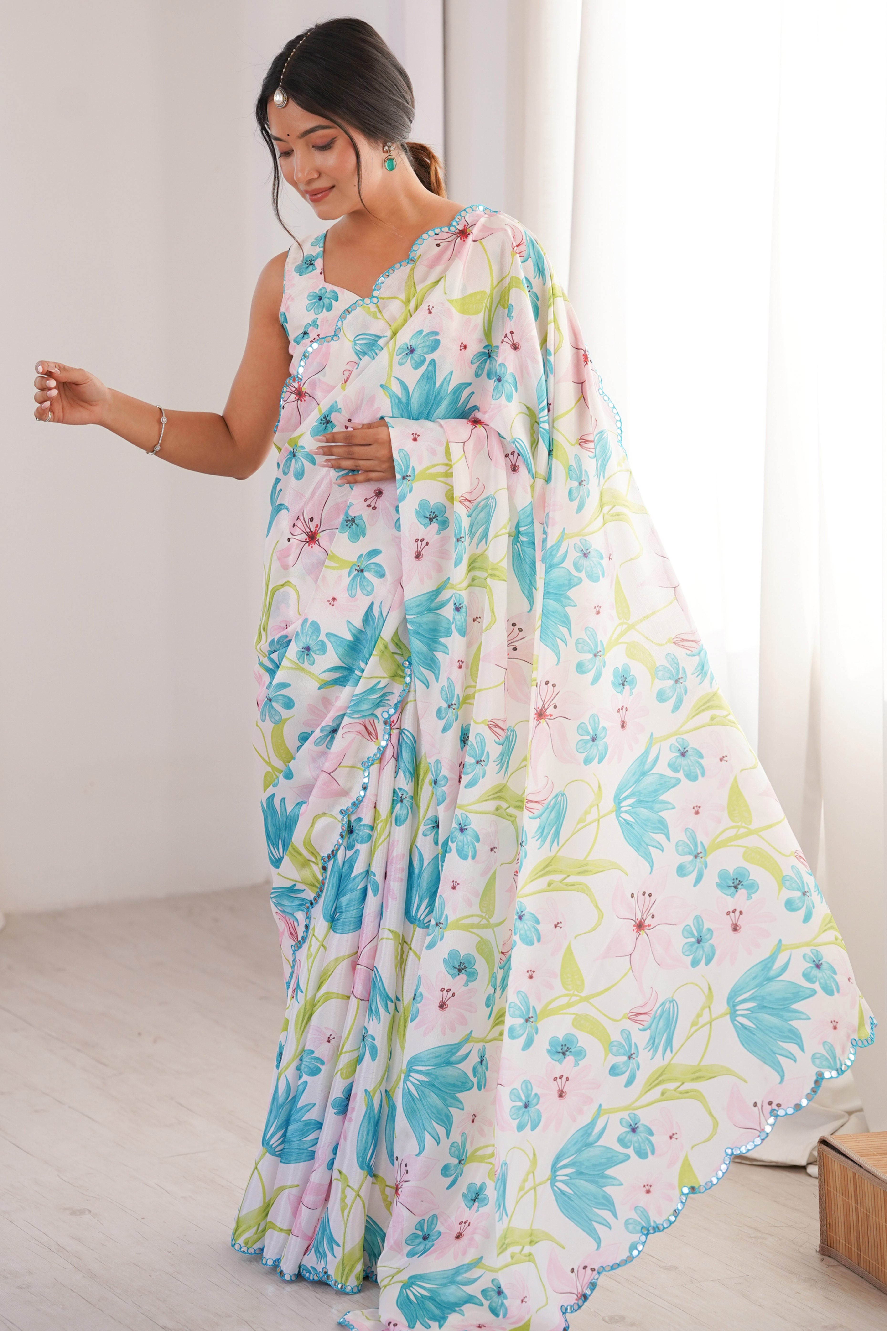 Opulent White Floral Digital Printed Chinon Saree Enhanced With Premium Embroidered Border