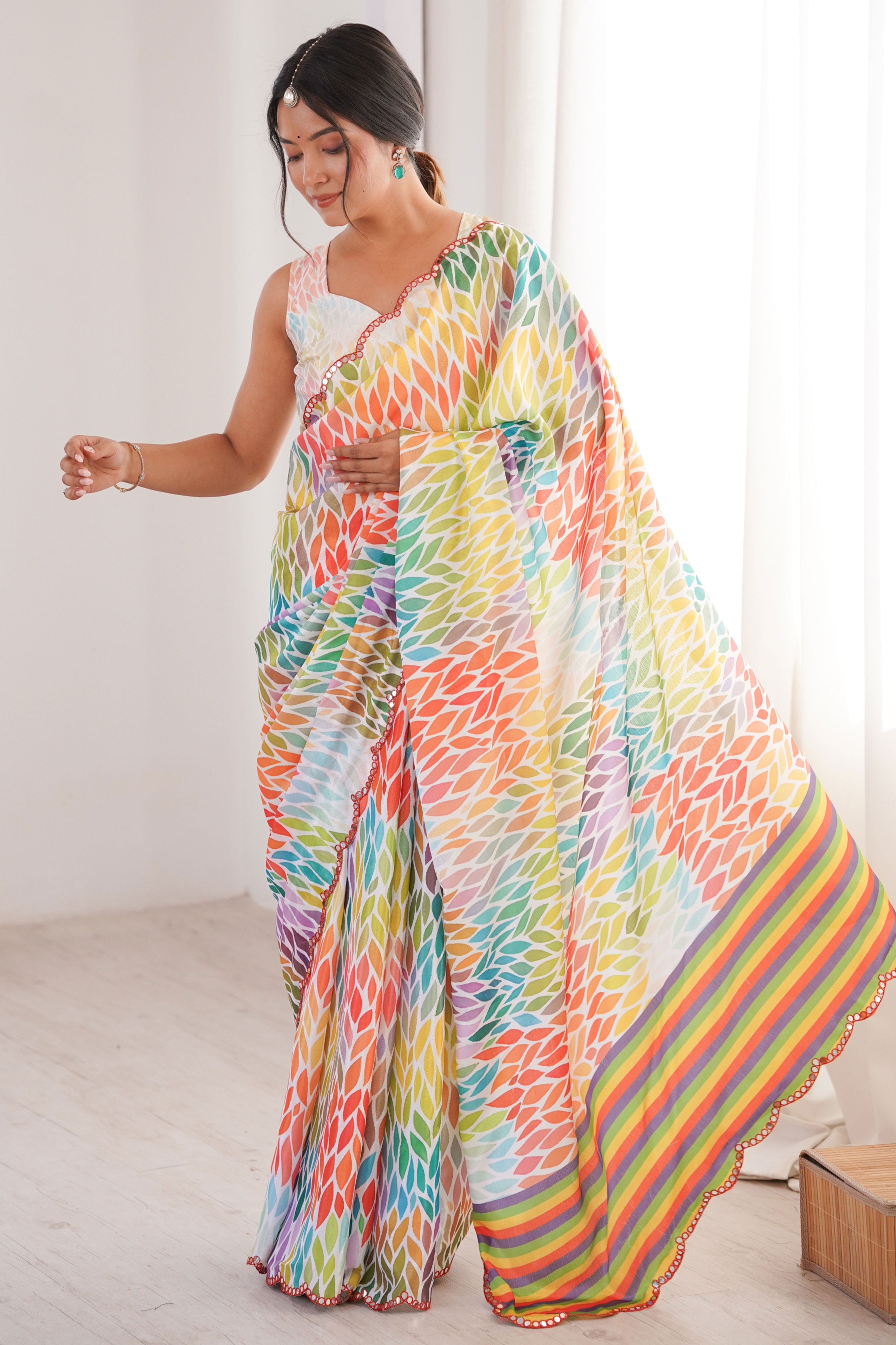 Timeless Multicolor Digital Printed Chinon Saree Enhanced With Fine Embroidered Border Accents